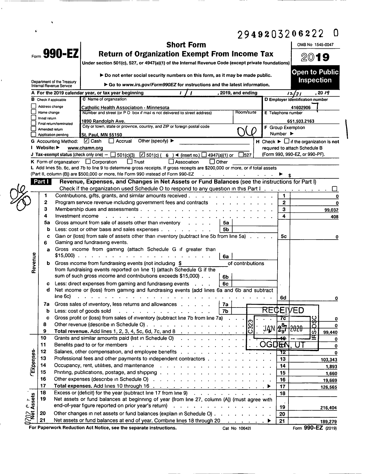 Image of first page of 2019 Form 990EO for Catholic Health Association - Minnesota