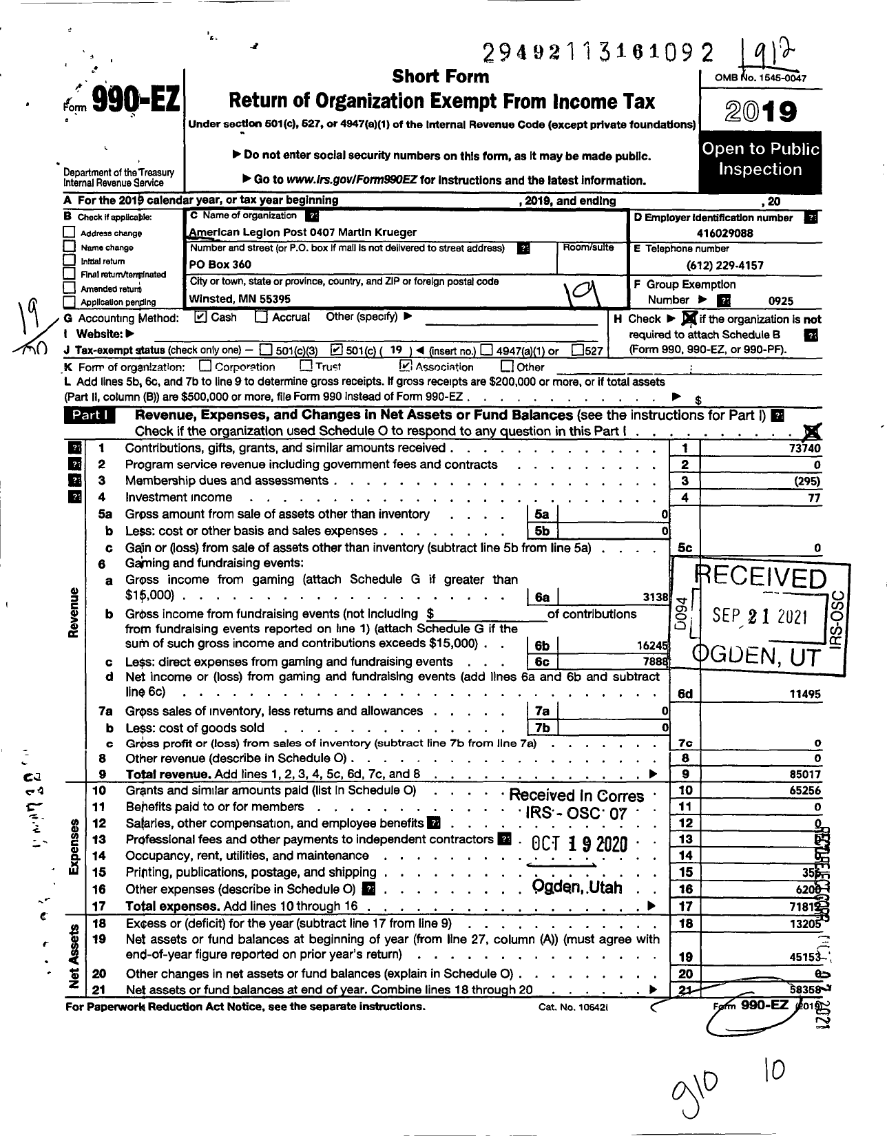 Image of first page of 2019 Form 990EO for American Legion - 0407 Martin Krueger Post MN