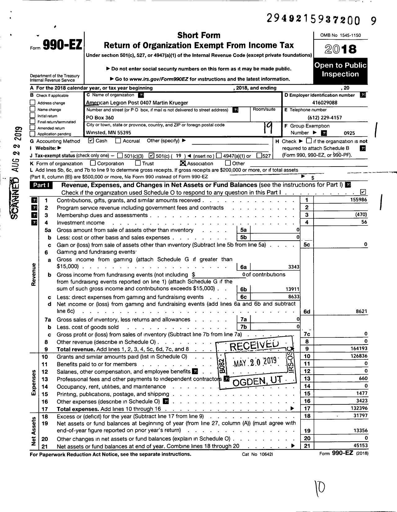 Image of first page of 2018 Form 990EO for American Legion - 0407 Martin Krueger Post MN