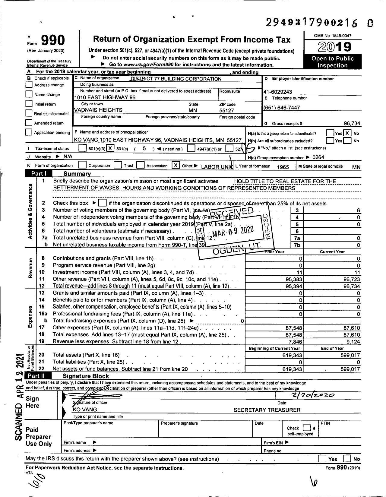 Image of first page of 2019 Form 990O for International Association of Machinists and Aerospace Workers - 77 District Bldg Corp