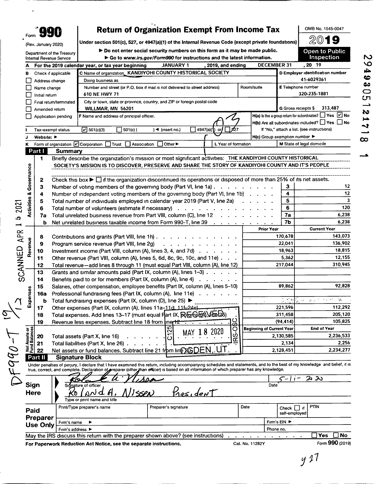 Image of first page of 2019 Form 990 for Kandiyohi County Historical Society