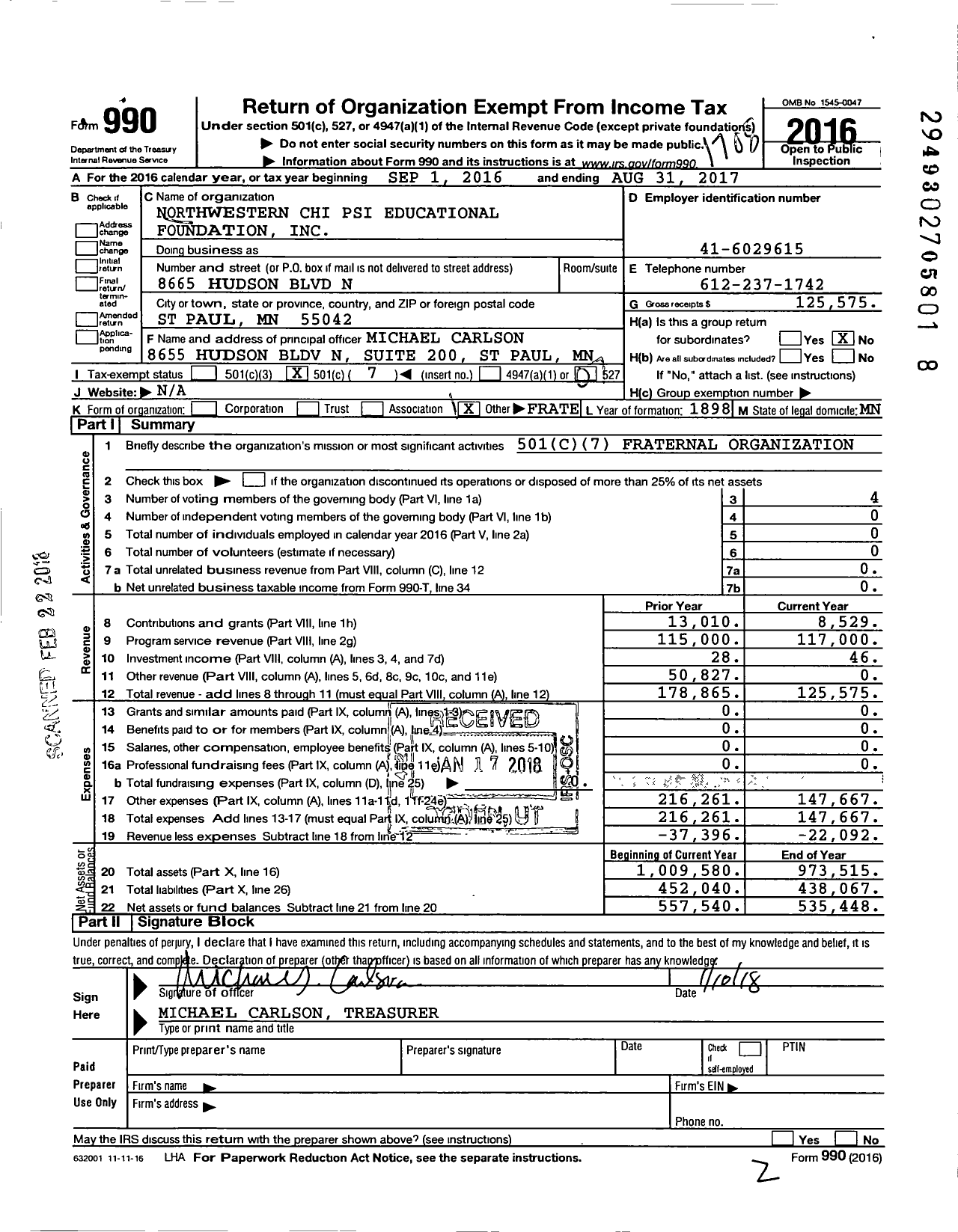 Image of first page of 2016 Form 990O for Northwestern Chi Psi Educational Foundation