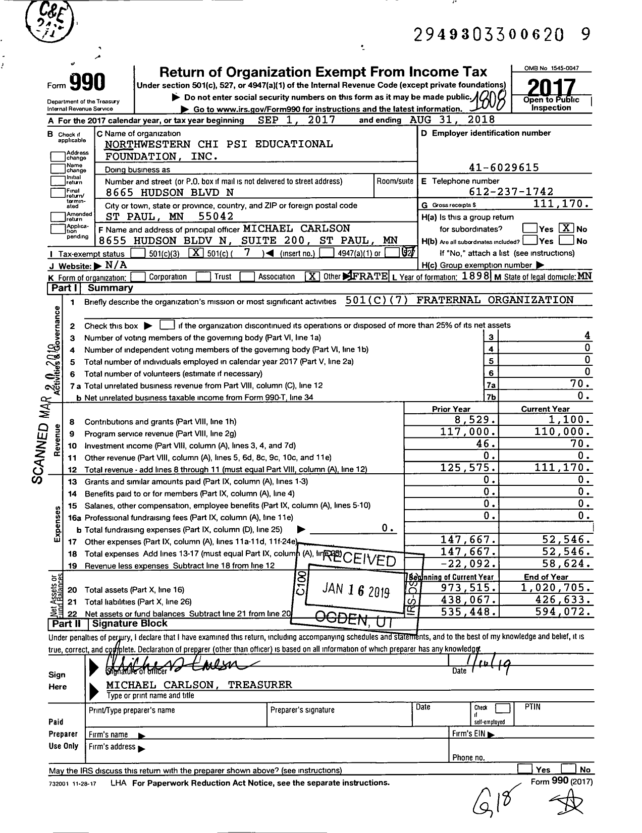 Image of first page of 2017 Form 990O for Northwestern Chi Psi Educational Foundation