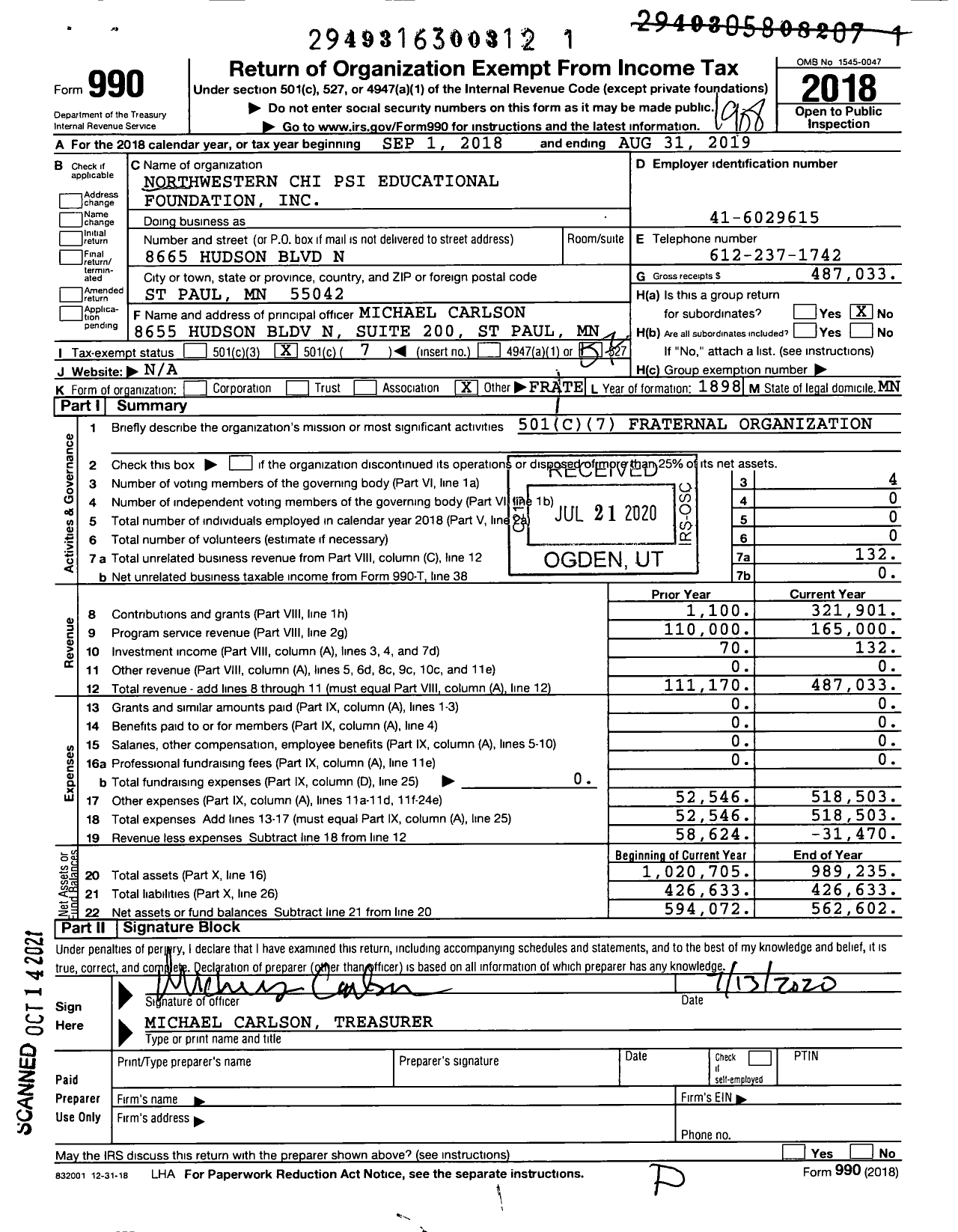 Image of first page of 2018 Form 990O for Northwestern Chi Psi Educational Foundation