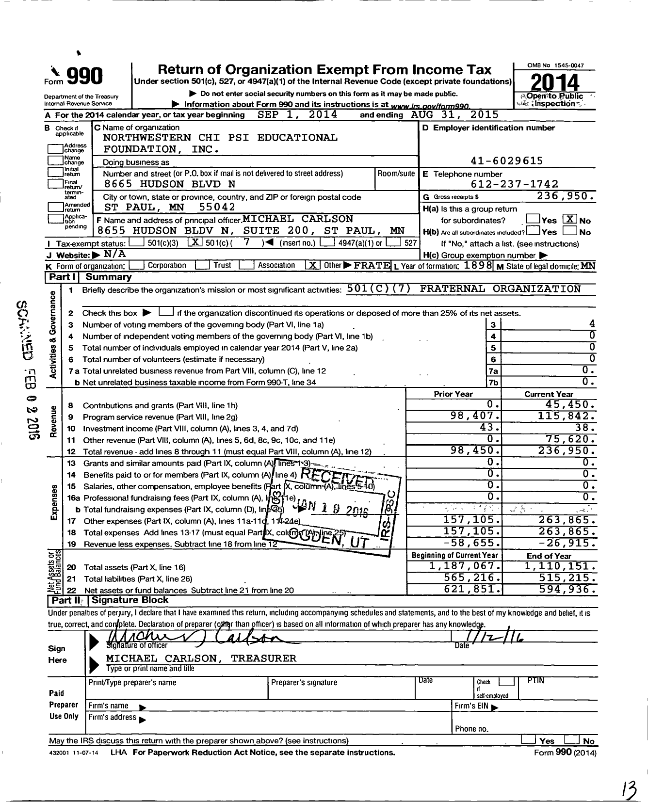 Image of first page of 2014 Form 990O for Northwestern Chi Psi Educational Foundation