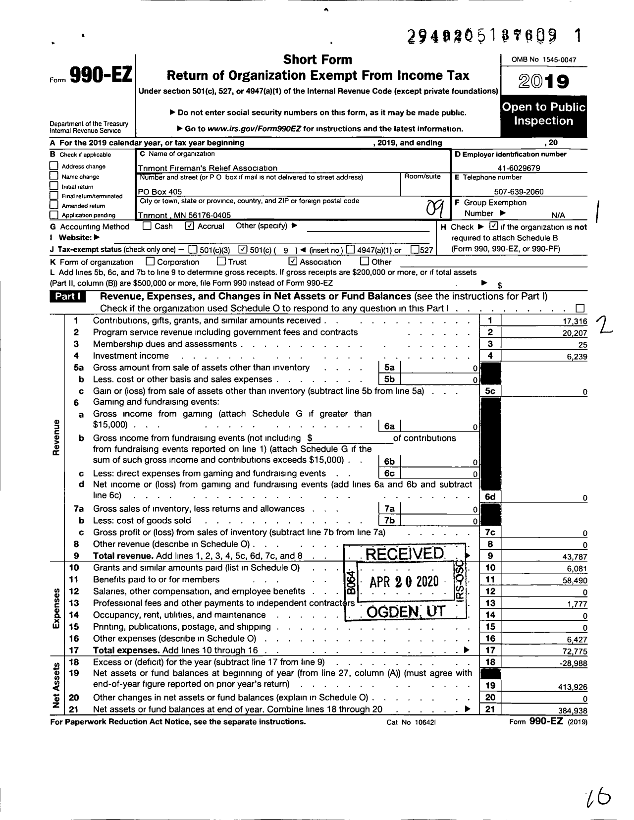 Image of first page of 2019 Form 990EO for Trimont Firemens Relief Association