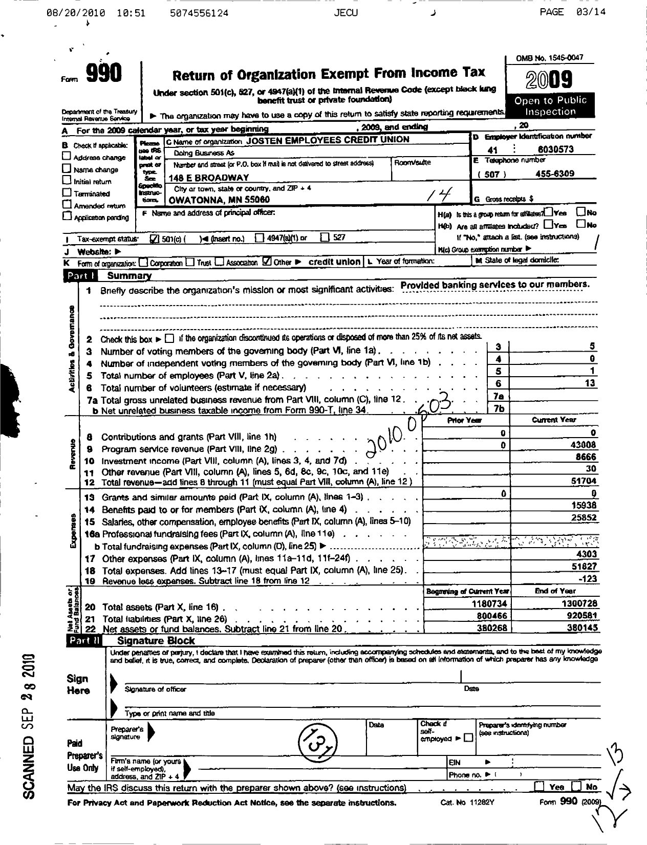 Image of first page of 2009 Form 990O for Josten Employees Credit Union