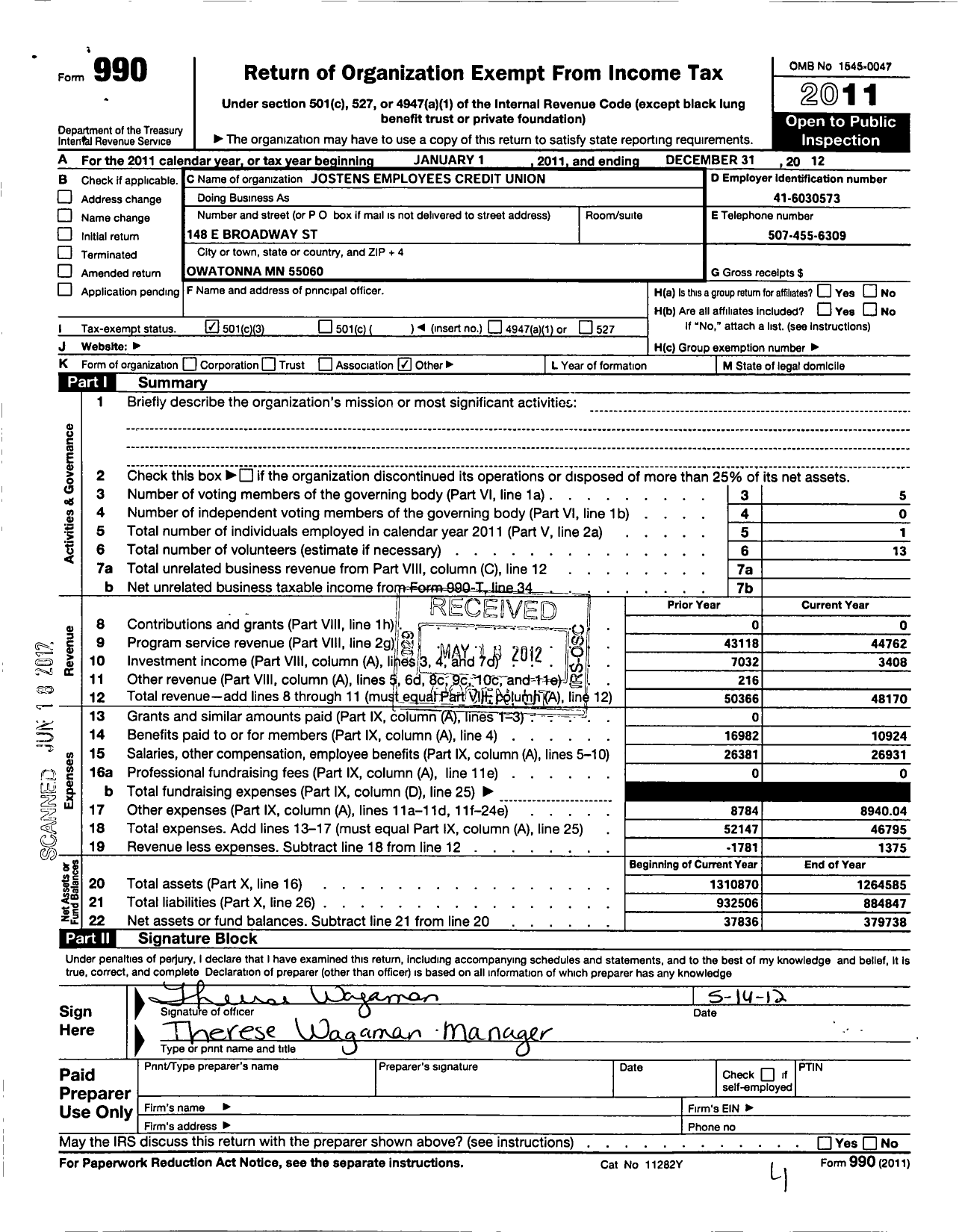 Image of first page of 2012 Form 990 for Josten Employees Credit Union