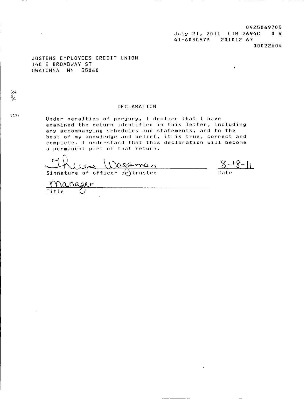 Image of first page of 2010 Form 990OR for Josten Employees Credit Union