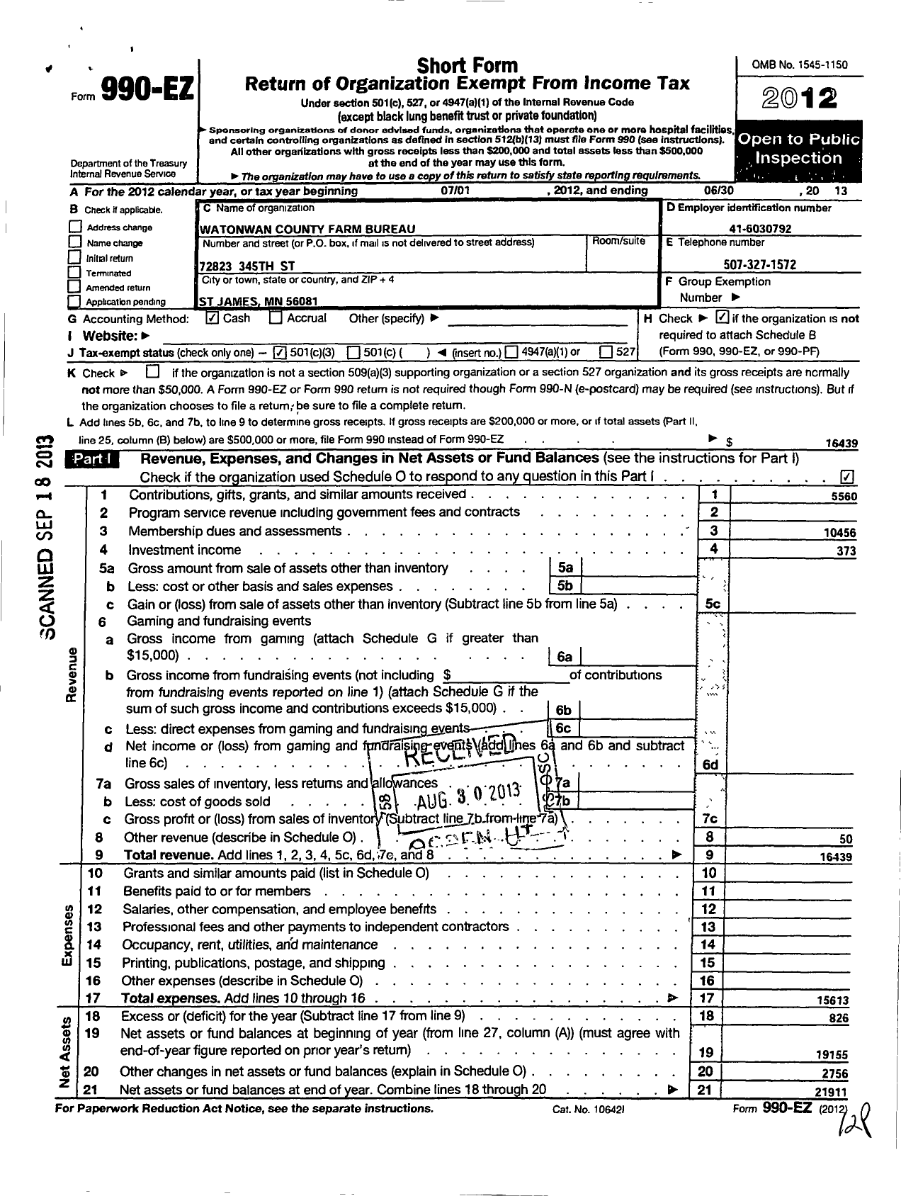 Image of first page of 2012 Form 990EZ for Watonwan County Farm Bureau Association