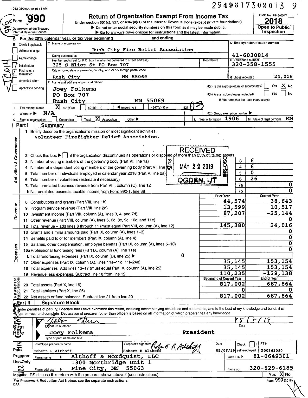 Image of first page of 2018 Form 990 for Rush City Fire Relief Association