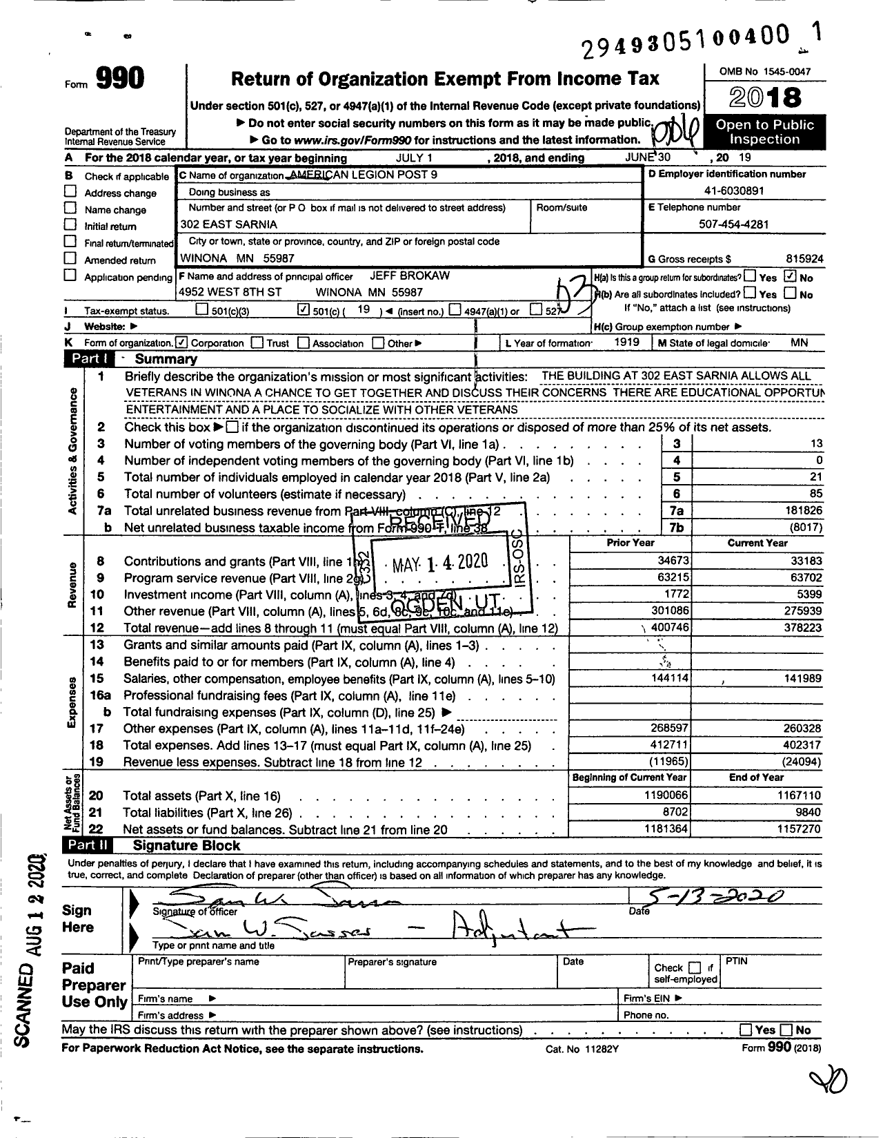 Image of first page of 2018 Form 990 for American Legion - 0009 Leon J Wetzel