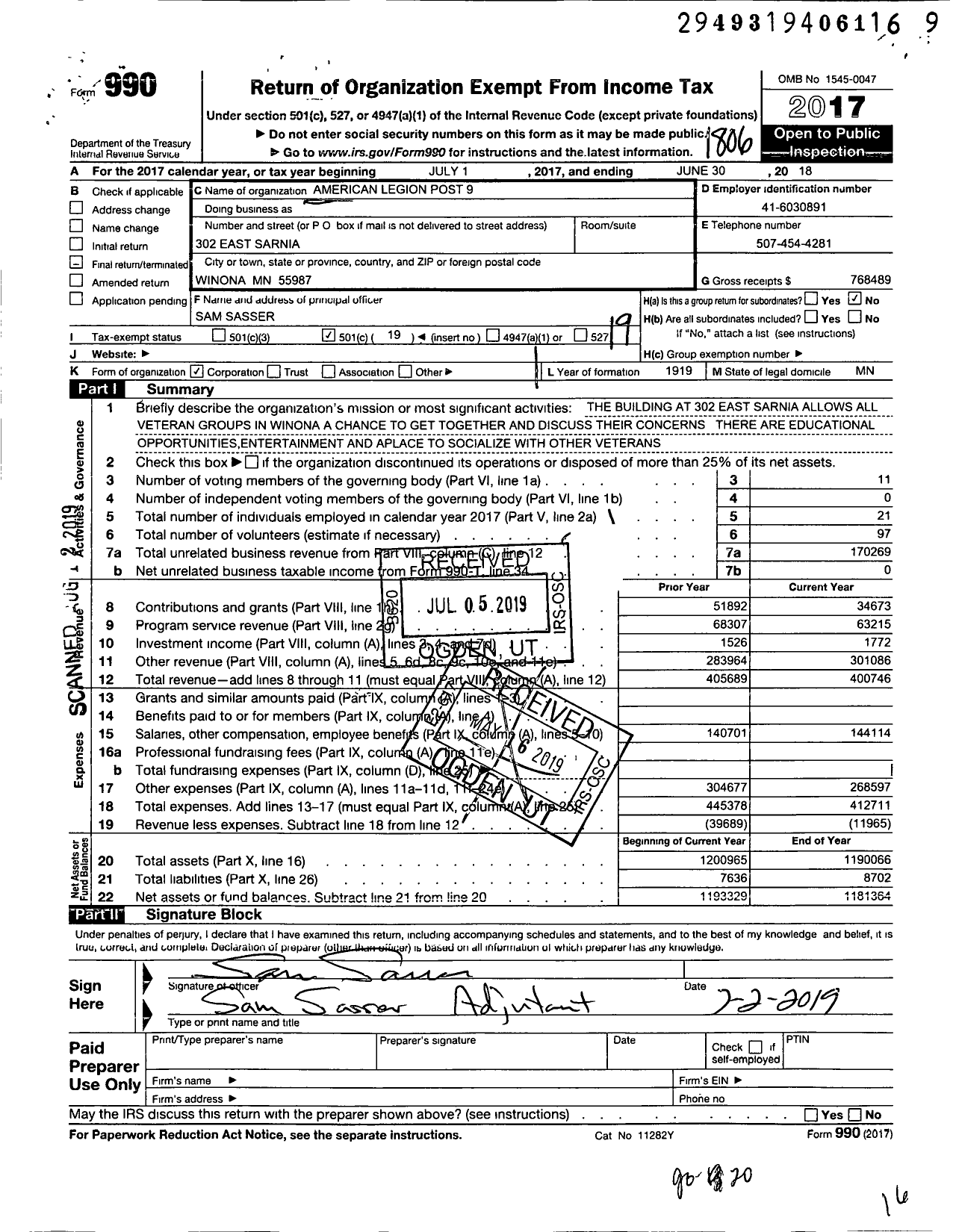 Image of first page of 2017 Form 990O for American Legion - 0009 Leon J Wetzel