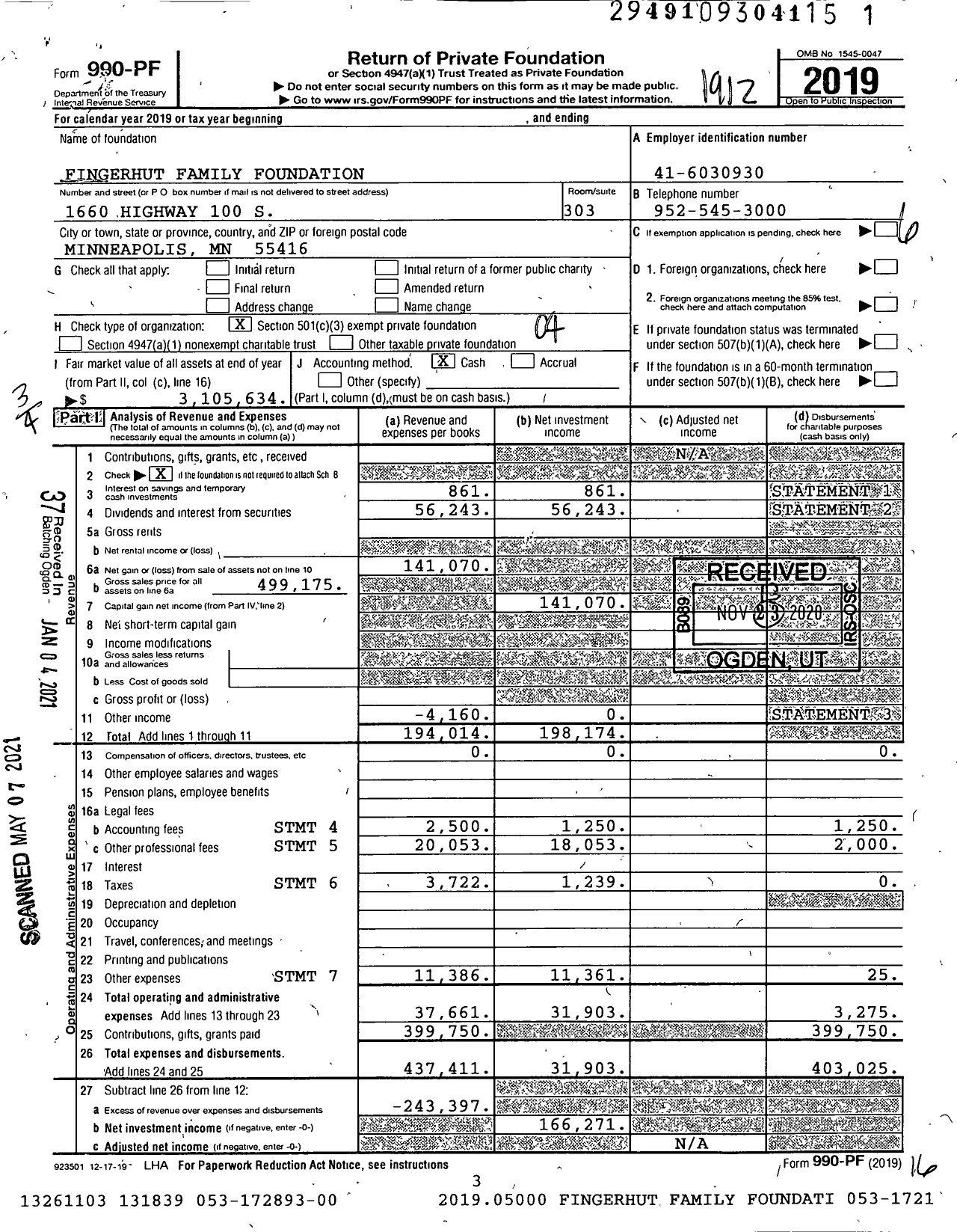 Image of first page of 2019 Form 990PF for Fingerhut Family Foundation