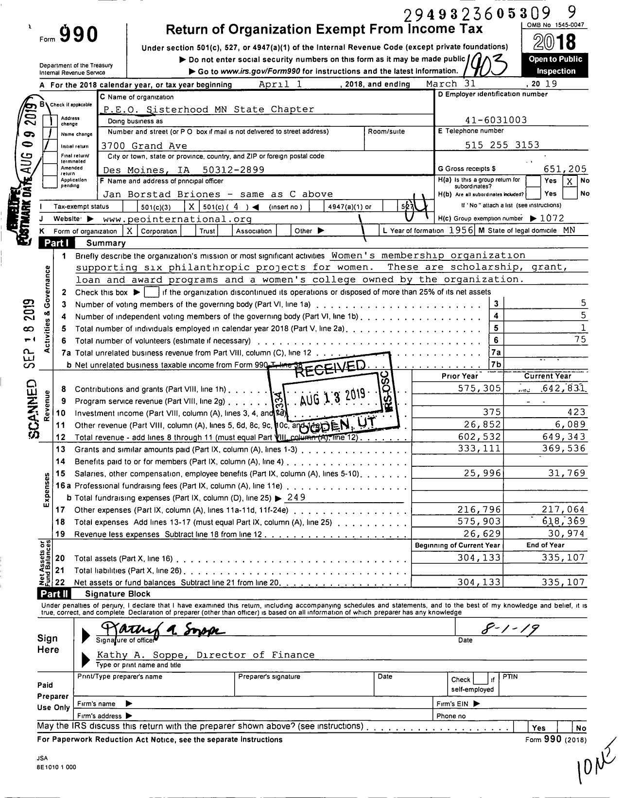 Image of first page of 2018 Form 990O for PEO Sisterhood International - MN State Chapter