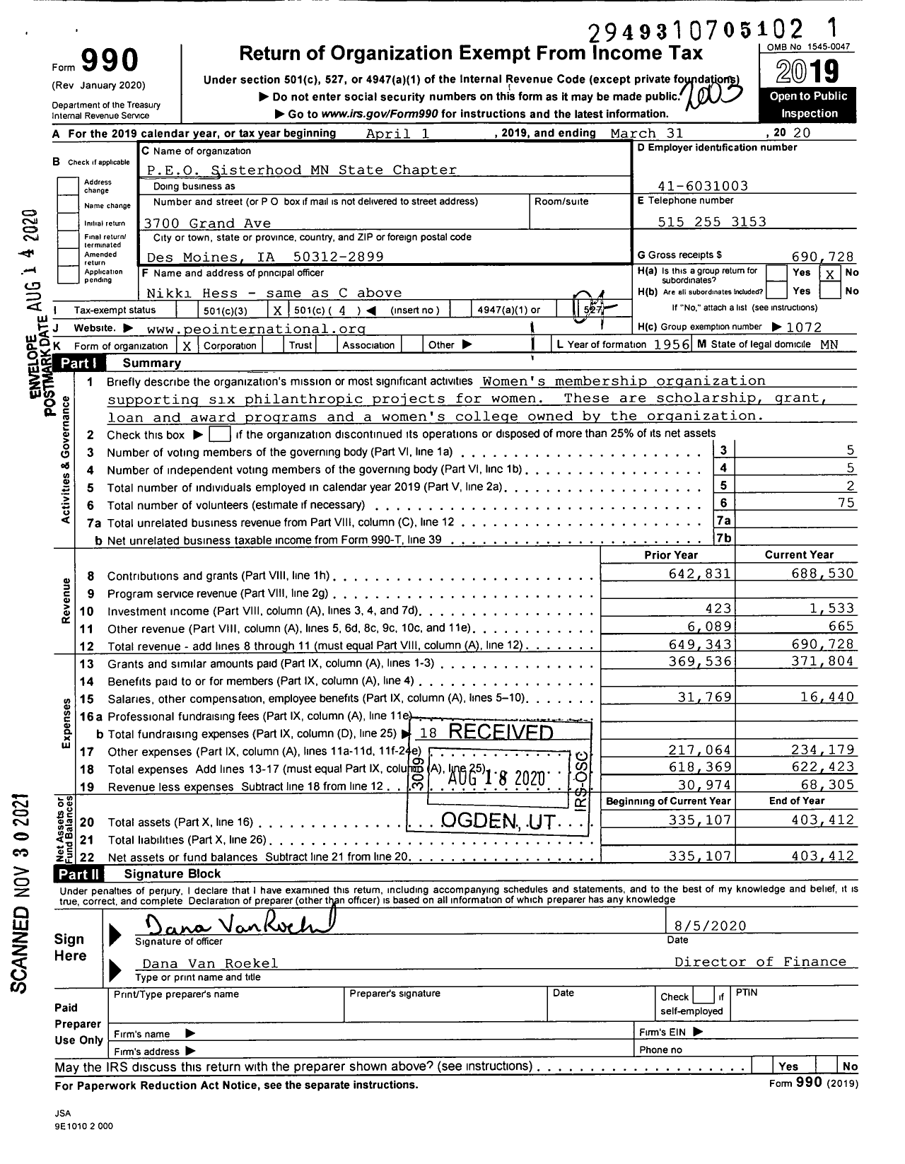 Image of first page of 2019 Form 990O for PEO Sisterhood International - MN State Chapter