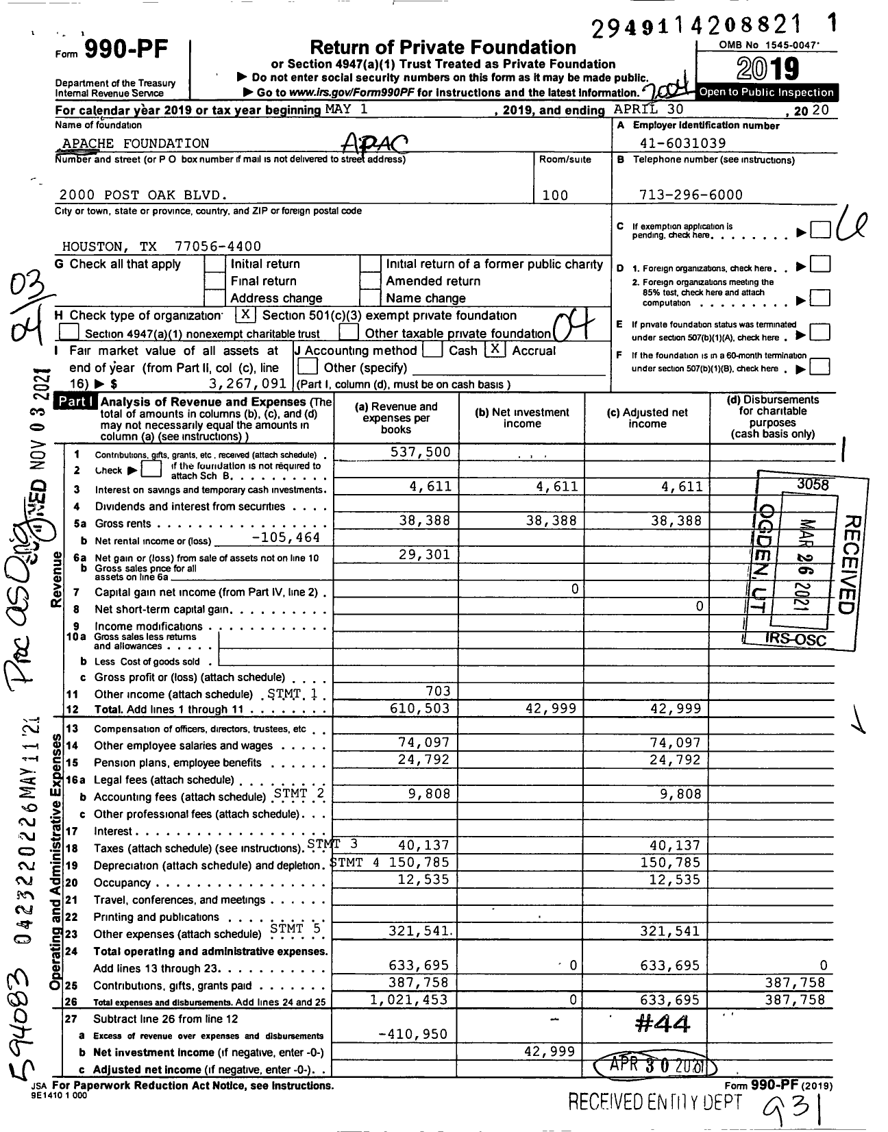 Image of first page of 2019 Form 990PF for Apache Foundation