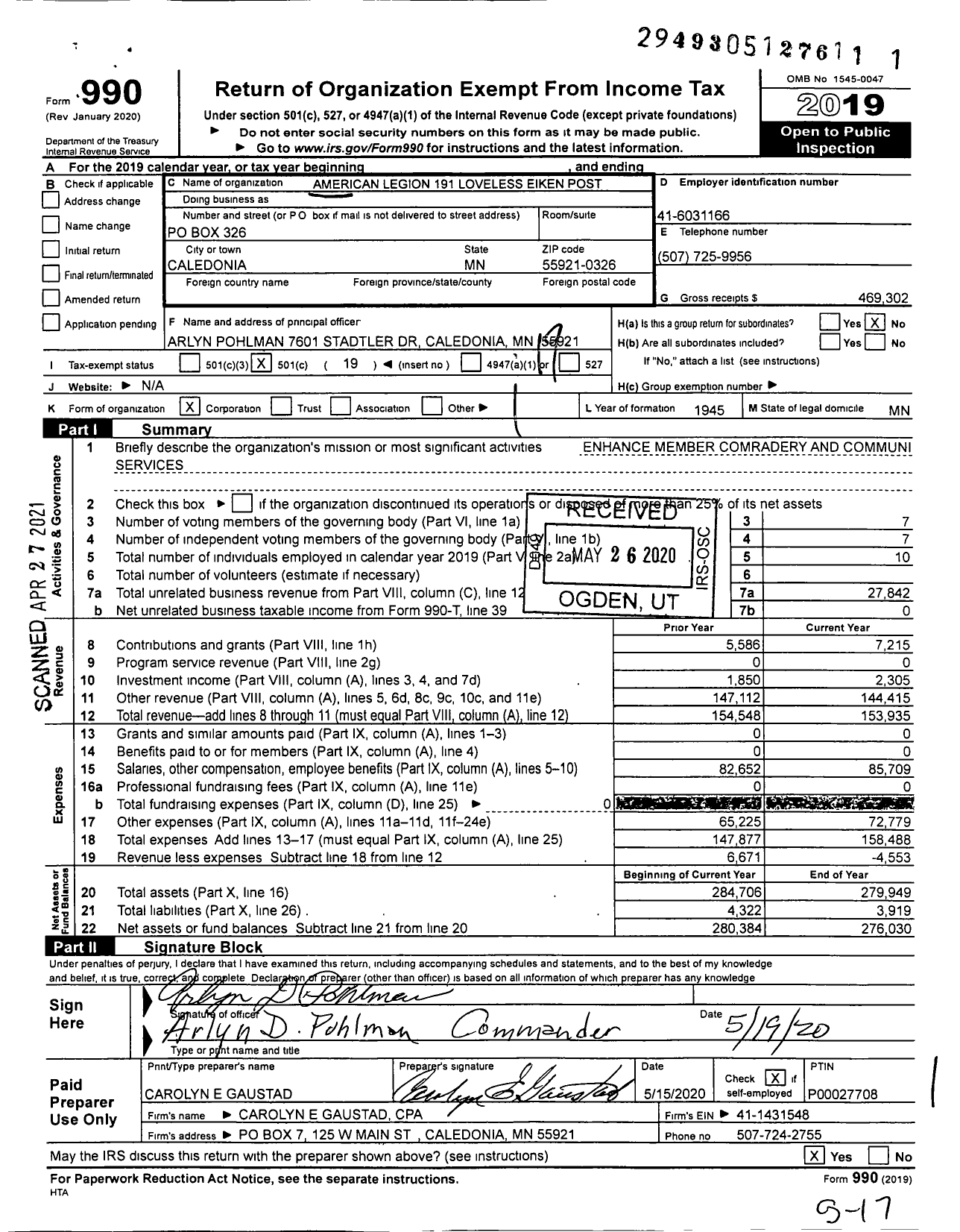 Image of first page of 2019 Form 990O for American Legion - 191 Loveless-Eiken Post