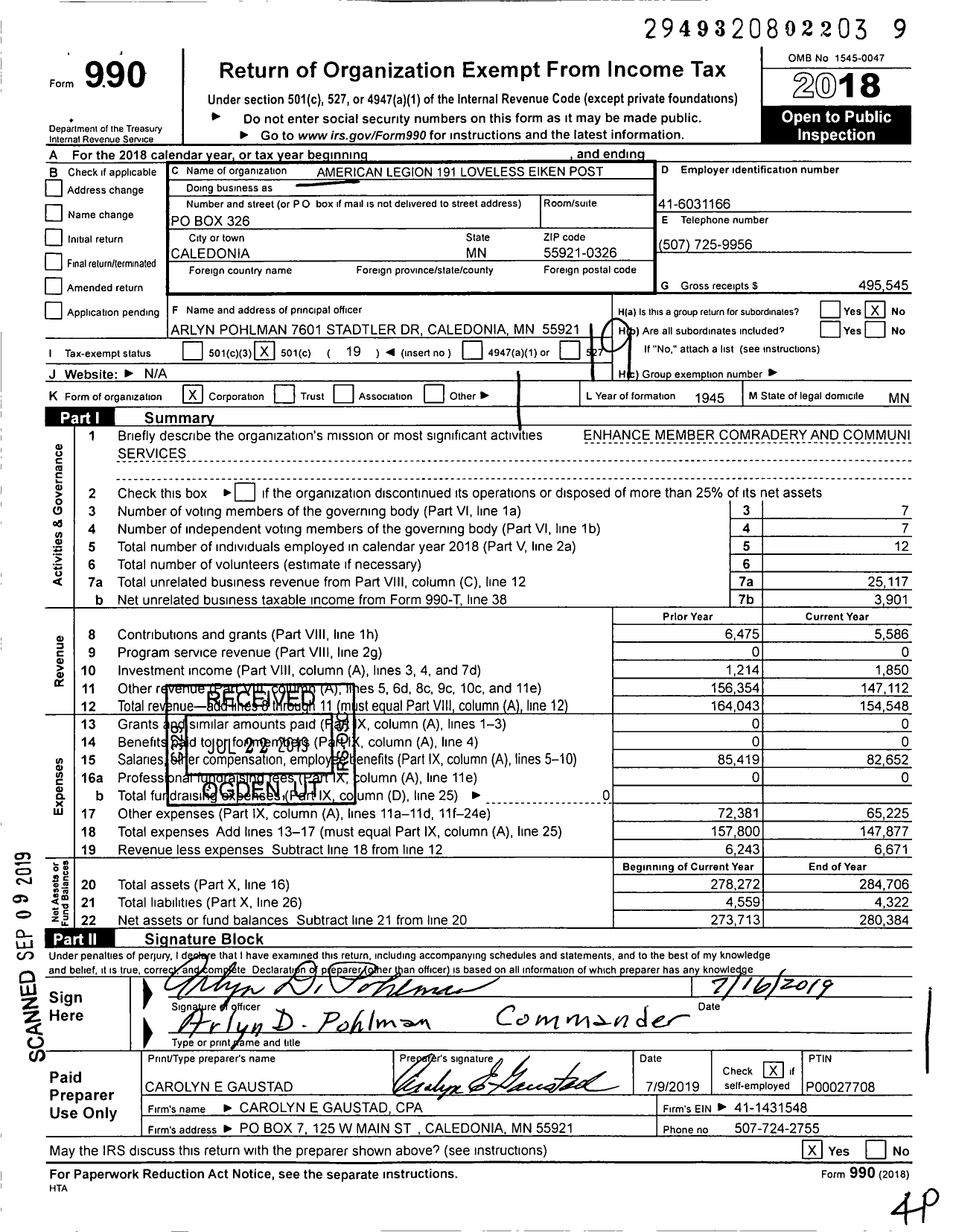 Image of first page of 2018 Form 990O for American Legion - 191 Loveless-Eiken Post