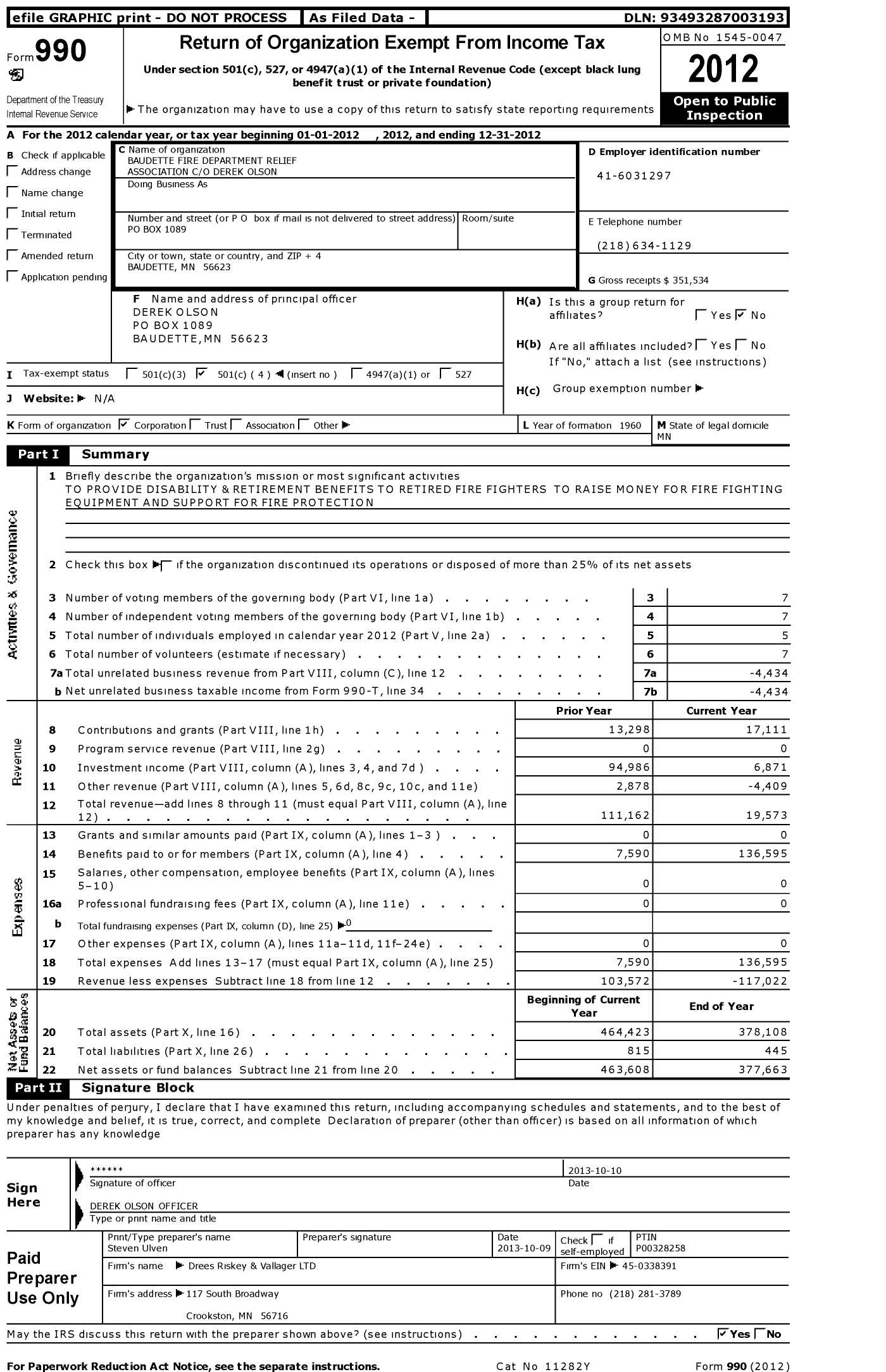 Image of first page of 2012 Form 990O for Firemens Relief Association of Minn Baudette Fire Dept Relief Association