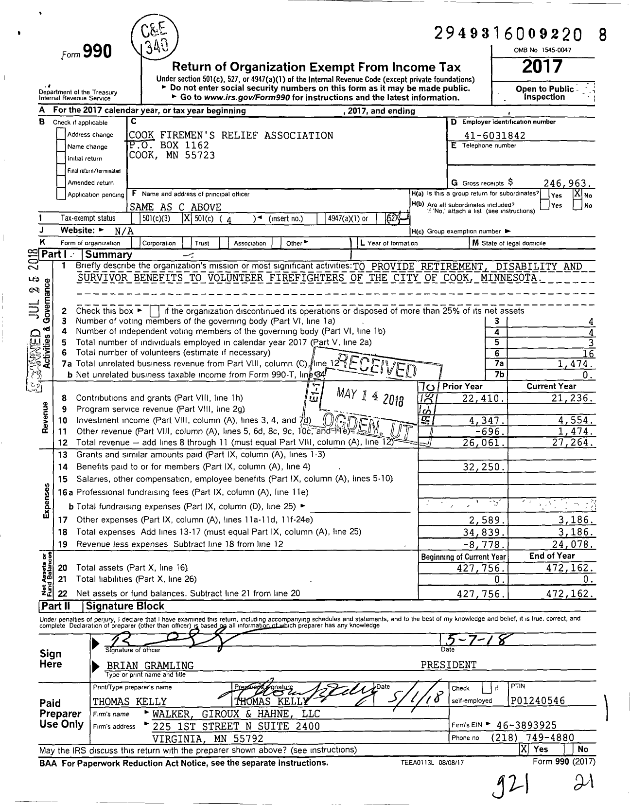 Image of first page of 2017 Form 990O for Cook Firemens Relief Association