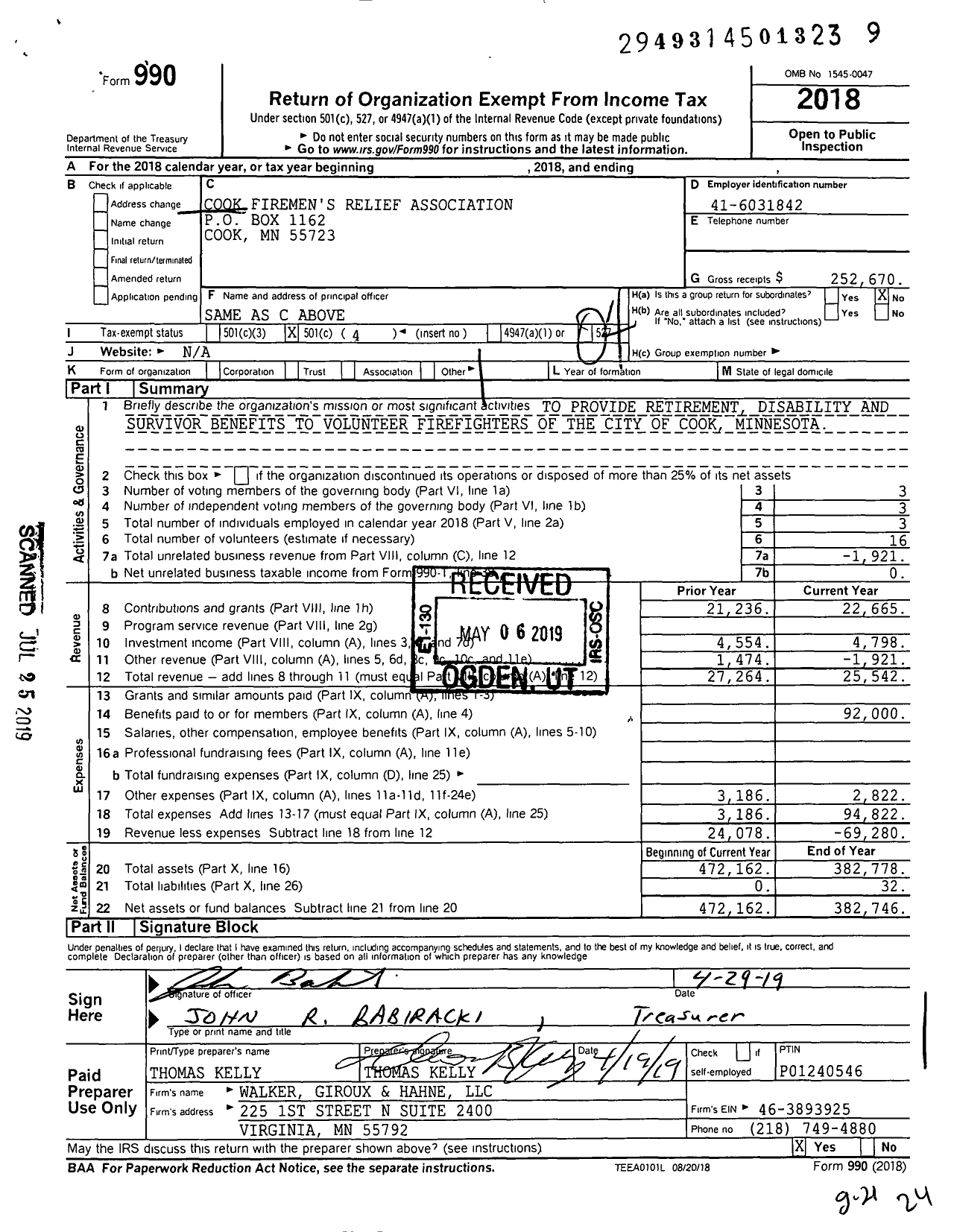 Image of first page of 2018 Form 990O for Cook Firemens Relief Association