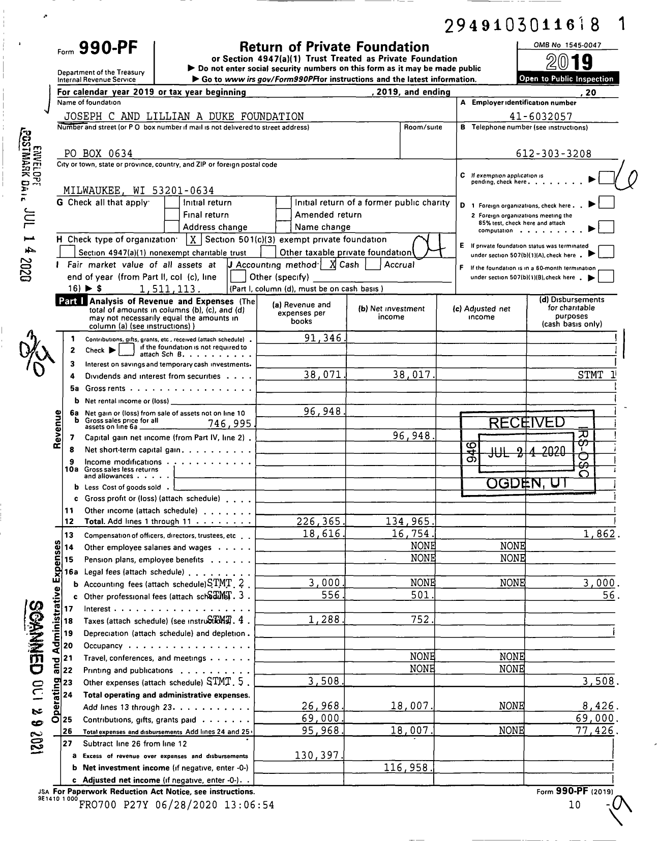 Image of first page of 2019 Form 990PF for Joseph C and Lillian A Duke Foundation