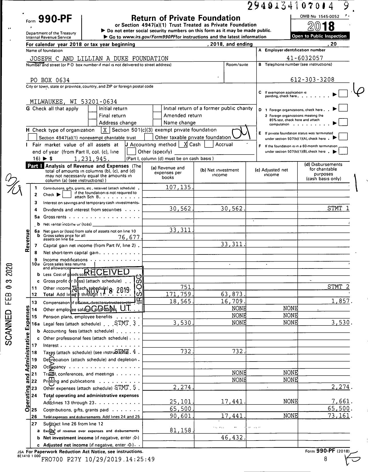 Image of first page of 2018 Form 990PF for Joseph C and Lillian A Duke Foundation