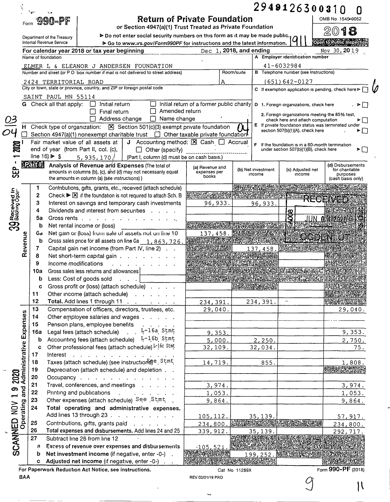 Image of first page of 2018 Form 990PF for Elmer L and Eleanor J Andersen Foundation