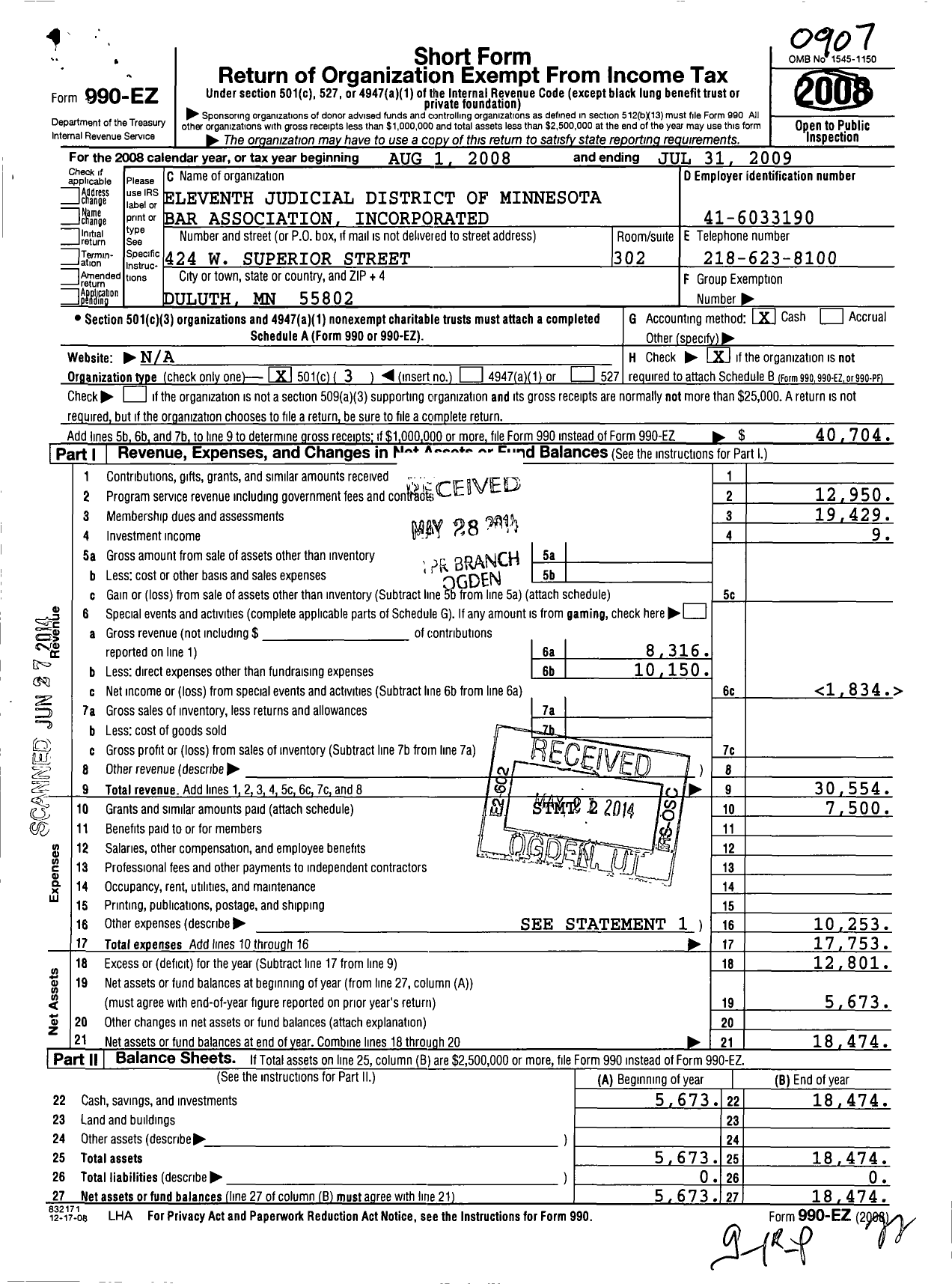 Image of first page of 2008 Form 990EZ for 11th Judicial District of Minnesota Bar Association