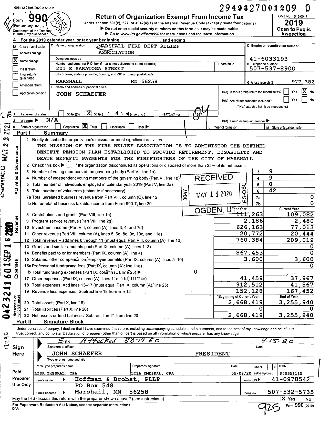Image of first page of 2019 Form 990O for Firemens Relief Association of Minn Marshall Fire Dept Relief Association