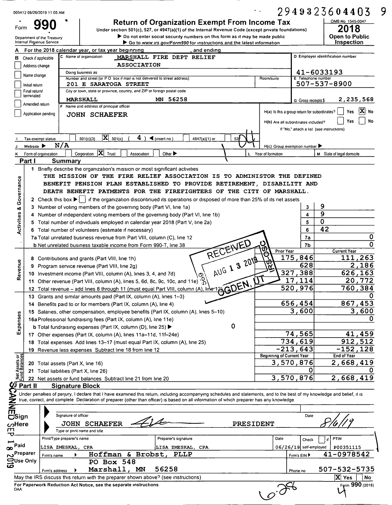 Image of first page of 2018 Form 990O for Firemens Relief Association of Minn Marshall Fire Dept Relief Association