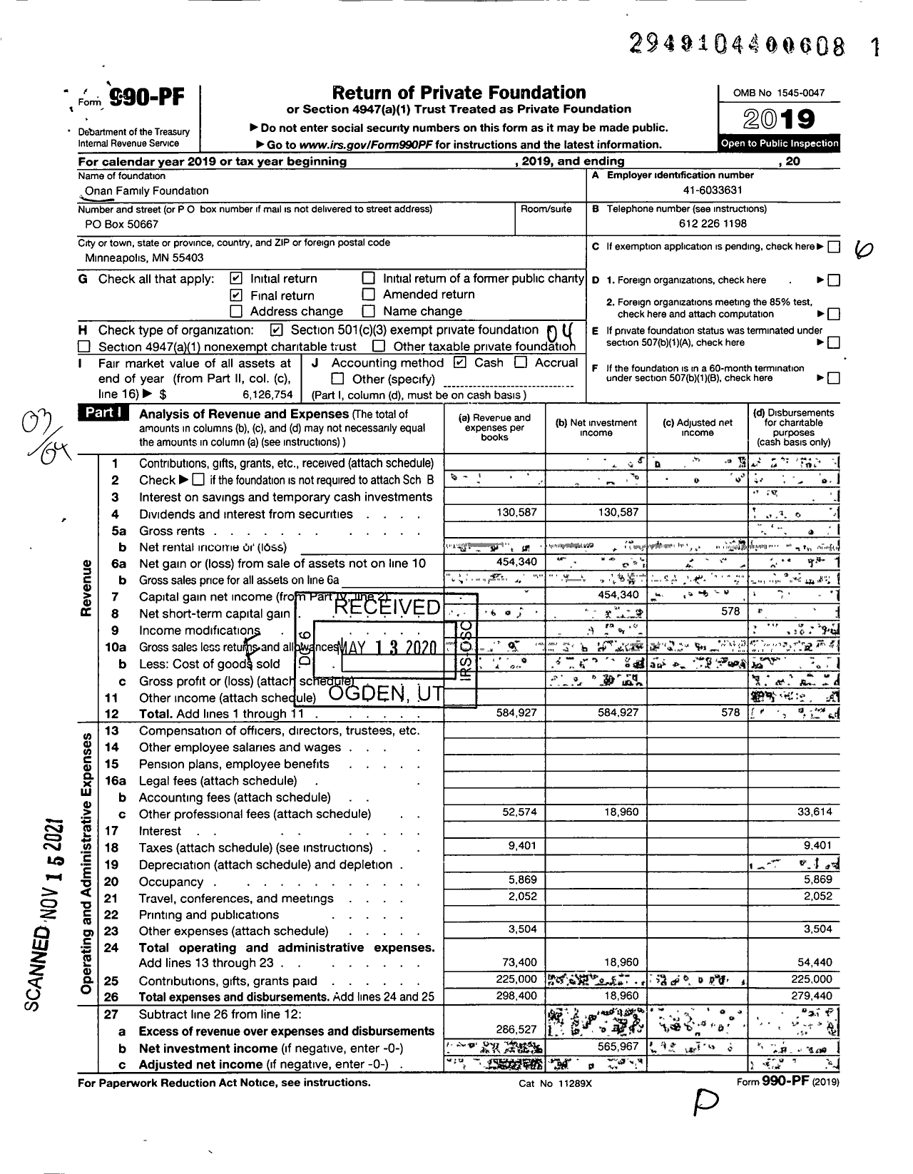 Image of first page of 2019 Form 990PF for Onan Family Foundation