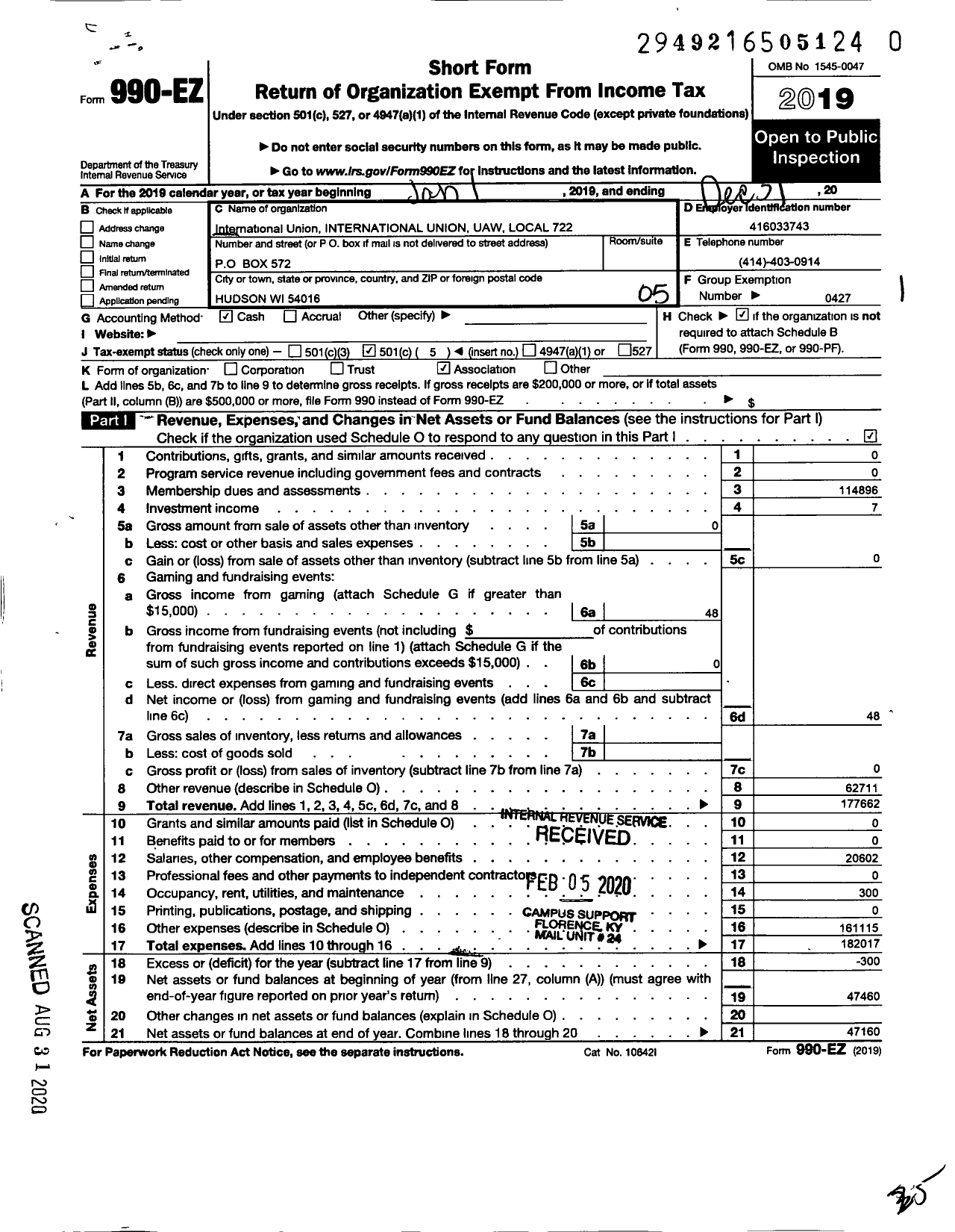 Image of first page of 2019 Form 990EO for Uaw - International Union Uaw Local 722