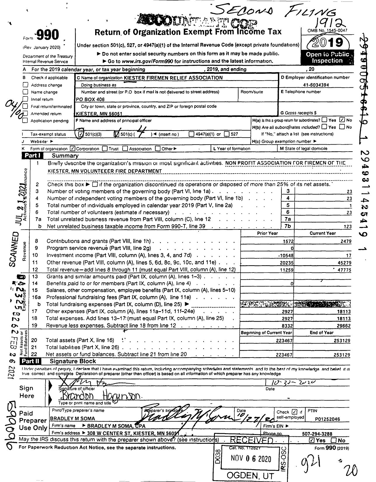 Image of first page of 2019 Form 990O for Kiester Firemen Relief Association