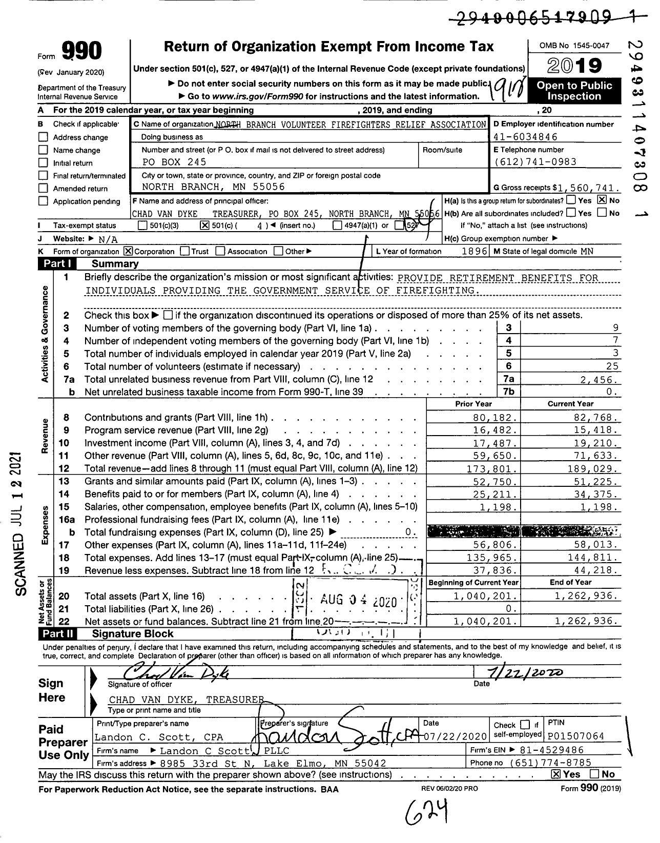 Image of first page of 2019 Form 990O for North Branch Volunteer Firefighters Relief Association