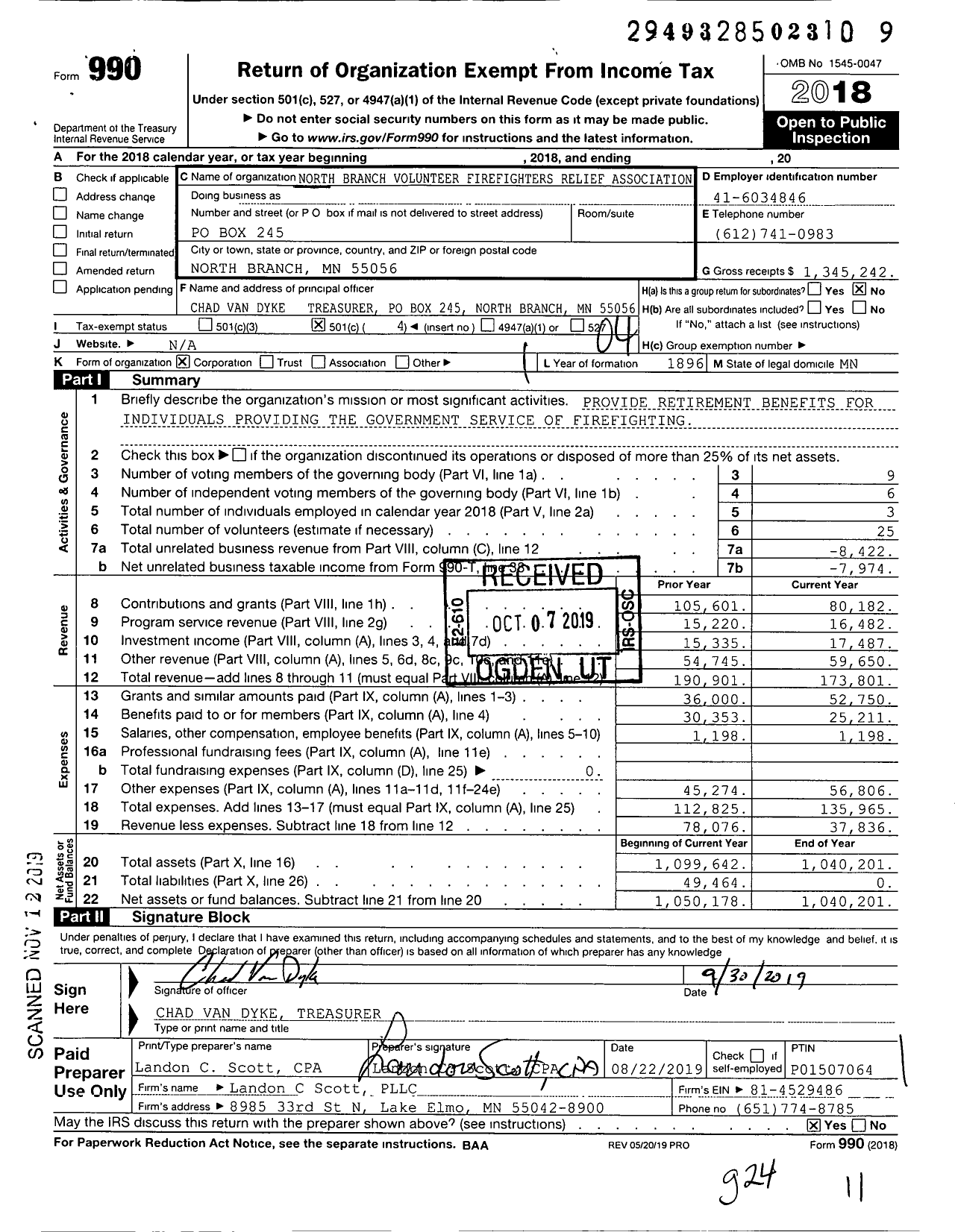Image of first page of 2018 Form 990O for North Branch Volunteer Firefighters Relief Association