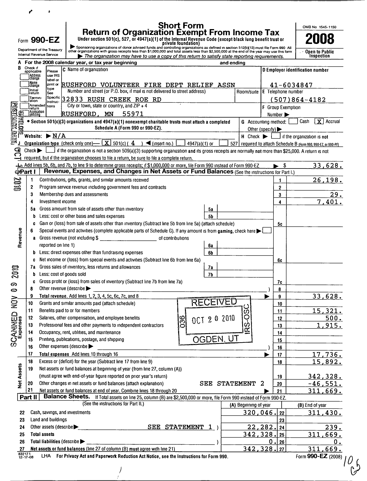 Image of first page of 2008 Form 990EO for Rushford Volunteer Fire Department Relief Association