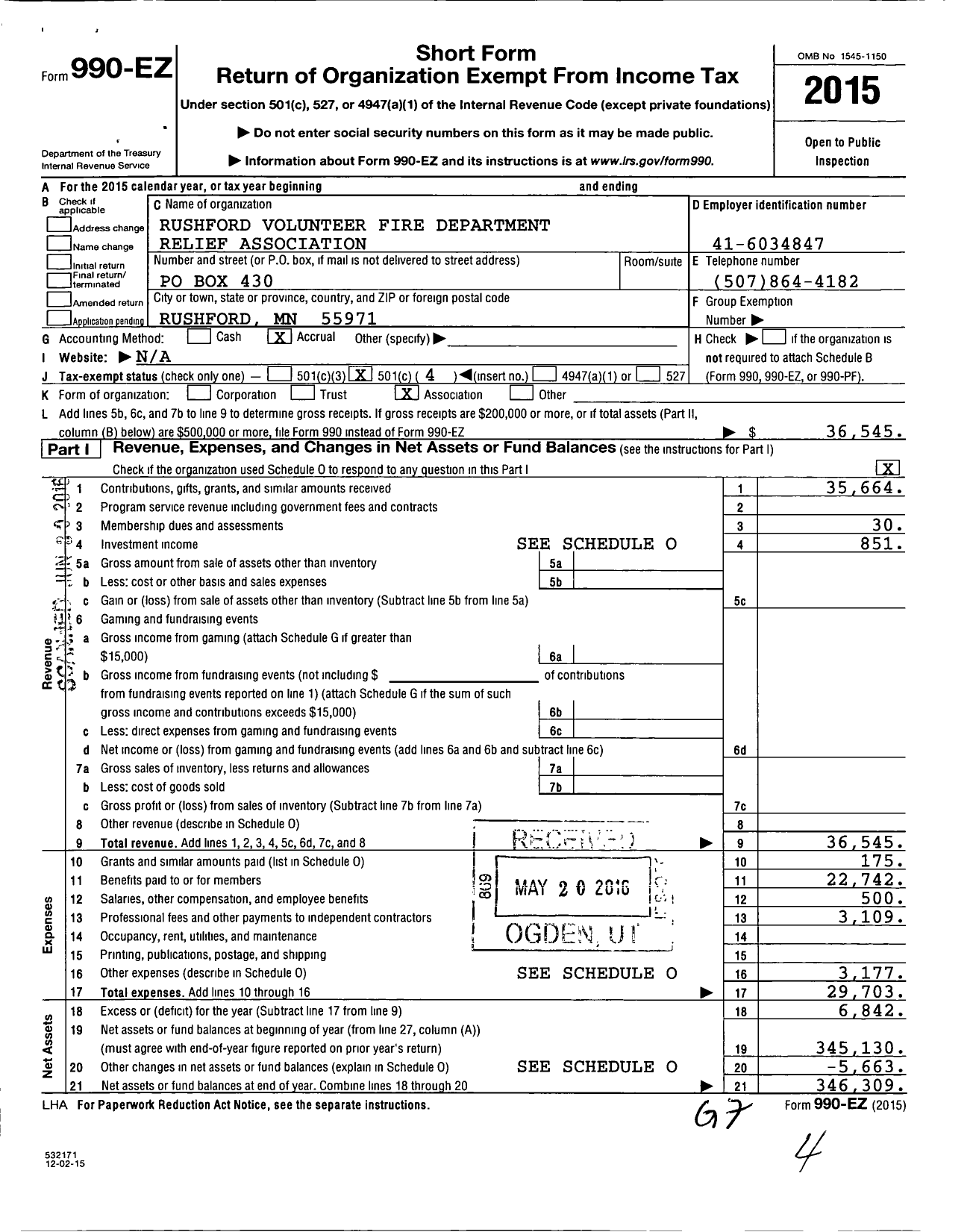 Image of first page of 2015 Form 990EO for Rushford Volunteer Fire Department Relief Association