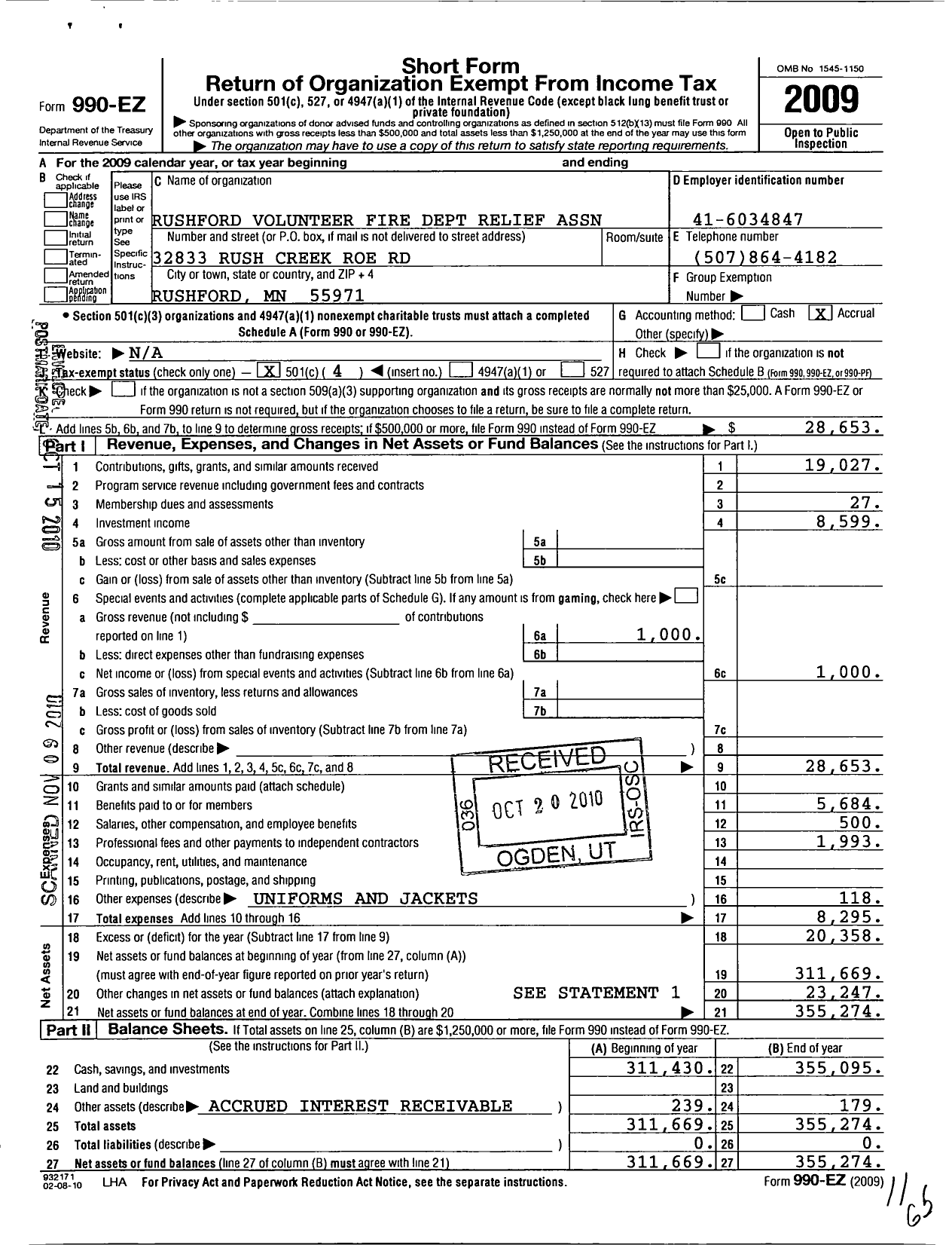 Image of first page of 2009 Form 990EO for Rushford Volunteer Fire Department Relief Association