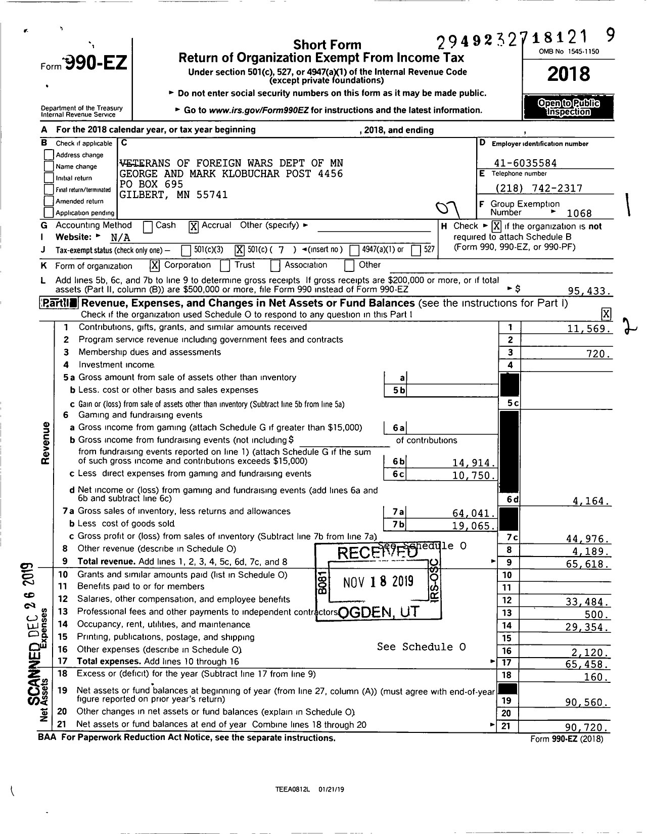 Image of first page of 2018 Form 990EO for MN VFW - 4456 VFW MN (4456 VFW MN)