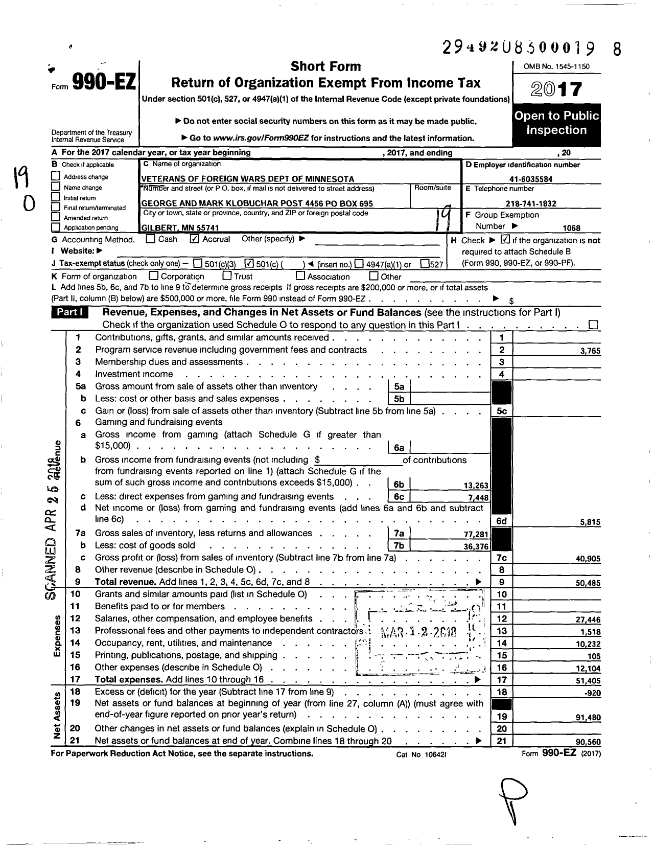 Image of first page of 2017 Form 990EO for MN VFW - 4456 VFW MN (4456 VFW MN)