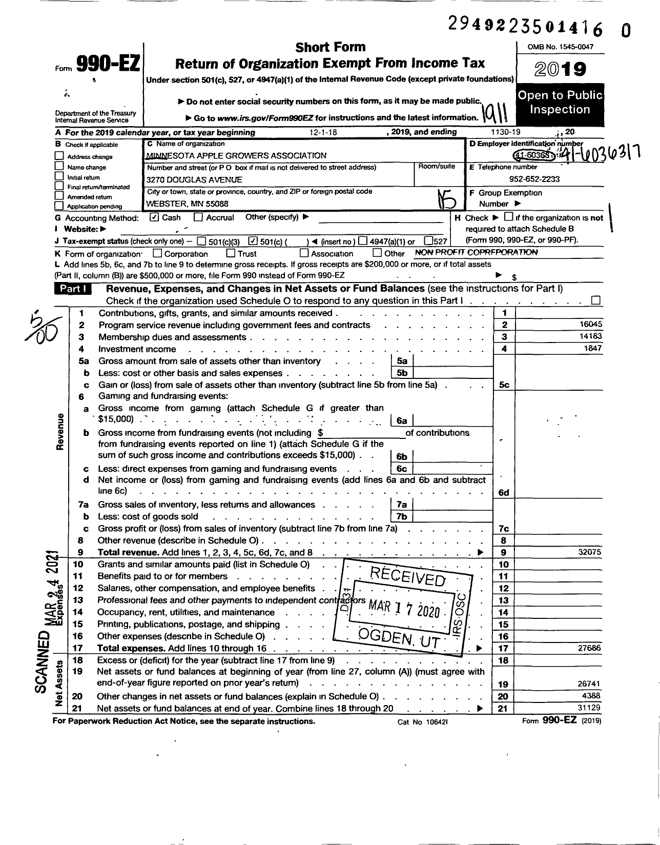 Image of first page of 2018 Form 990EO for Minnesota Apple Growers Association