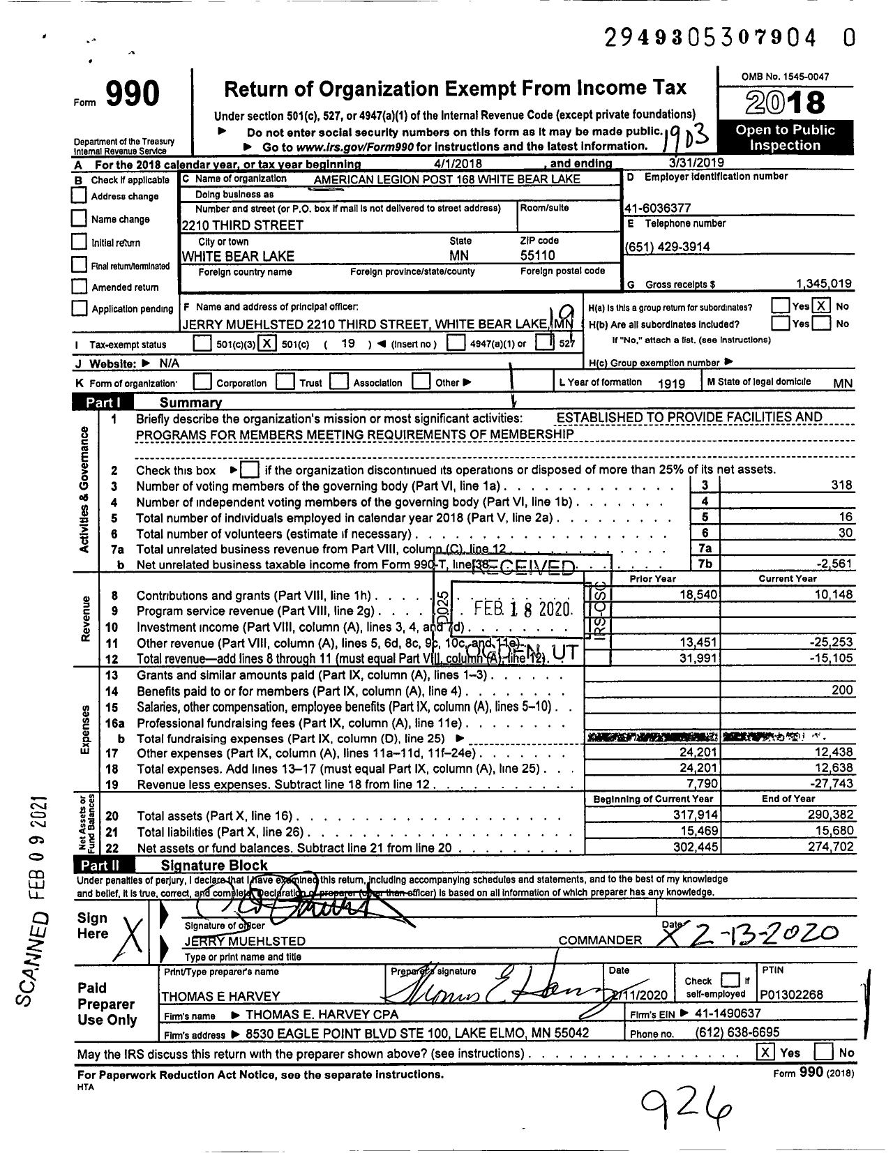 Image of first page of 2018 Form 990O for American Legion - 0168 White Bear Lake