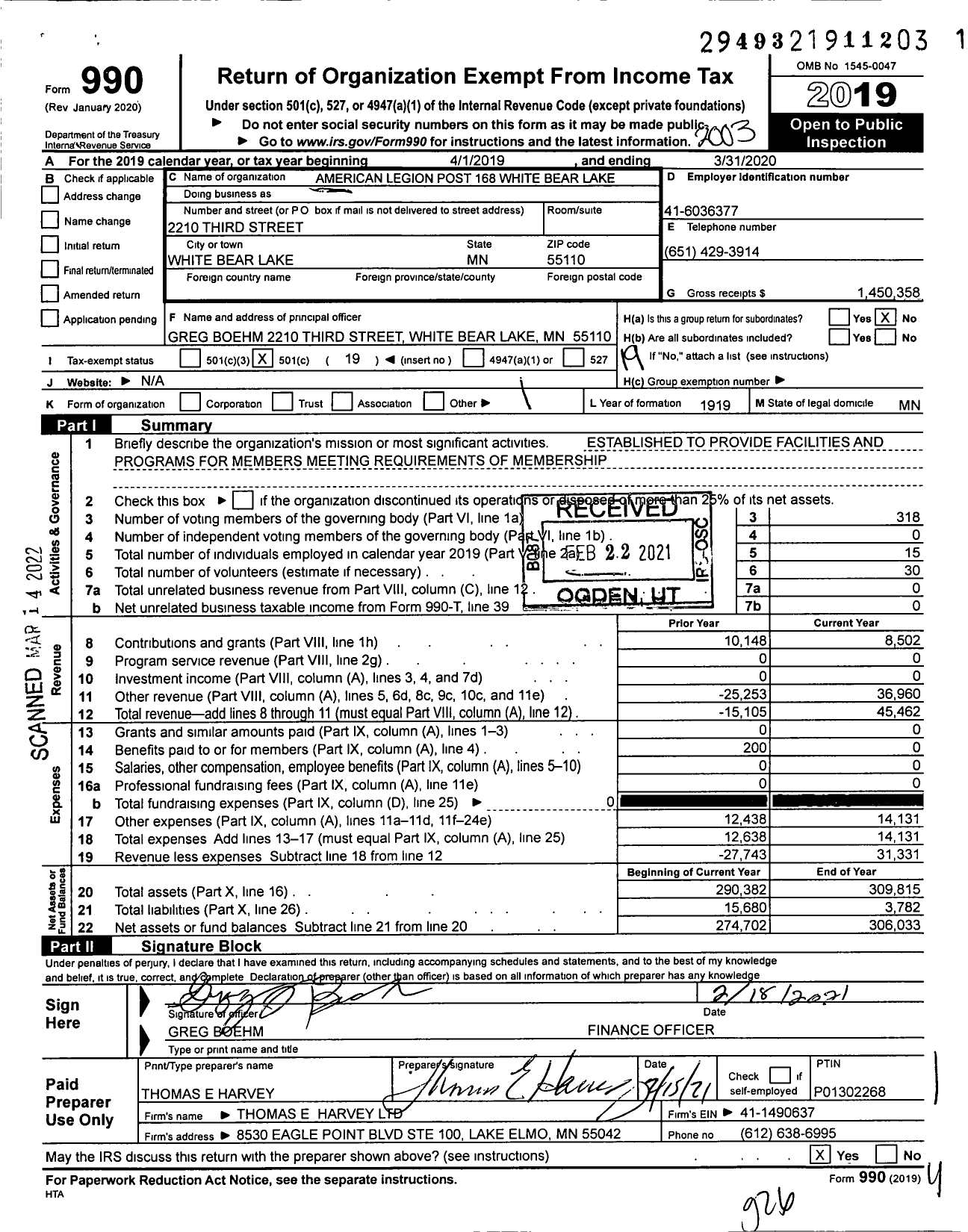 Image of first page of 2019 Form 990O for American Legion - 0168 White Bear Lake