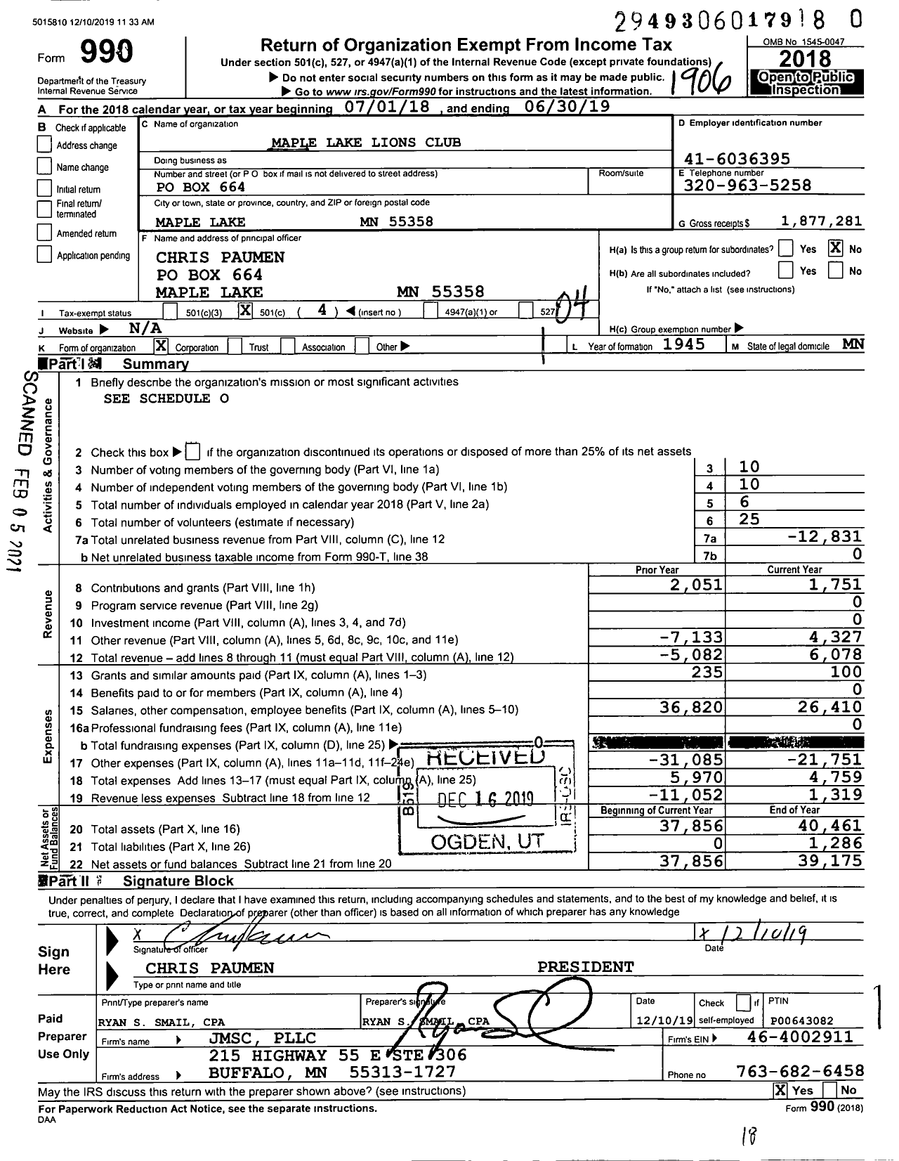 Image of first page of 2018 Form 990O for Lions Clubs - 2962 Maple Lake