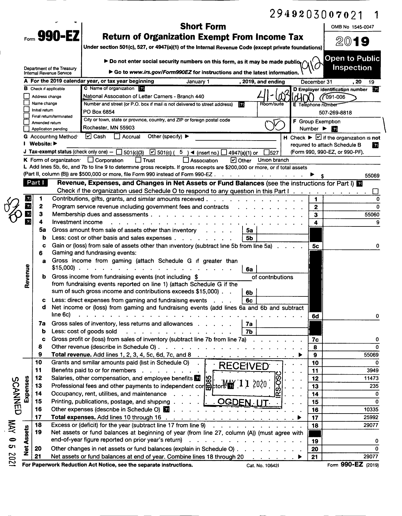 Image of first page of 2019 Form 990EO for NATIONAL ASSOCIATION OF LETTER CARRIERS - 440 Rochester Minnesota