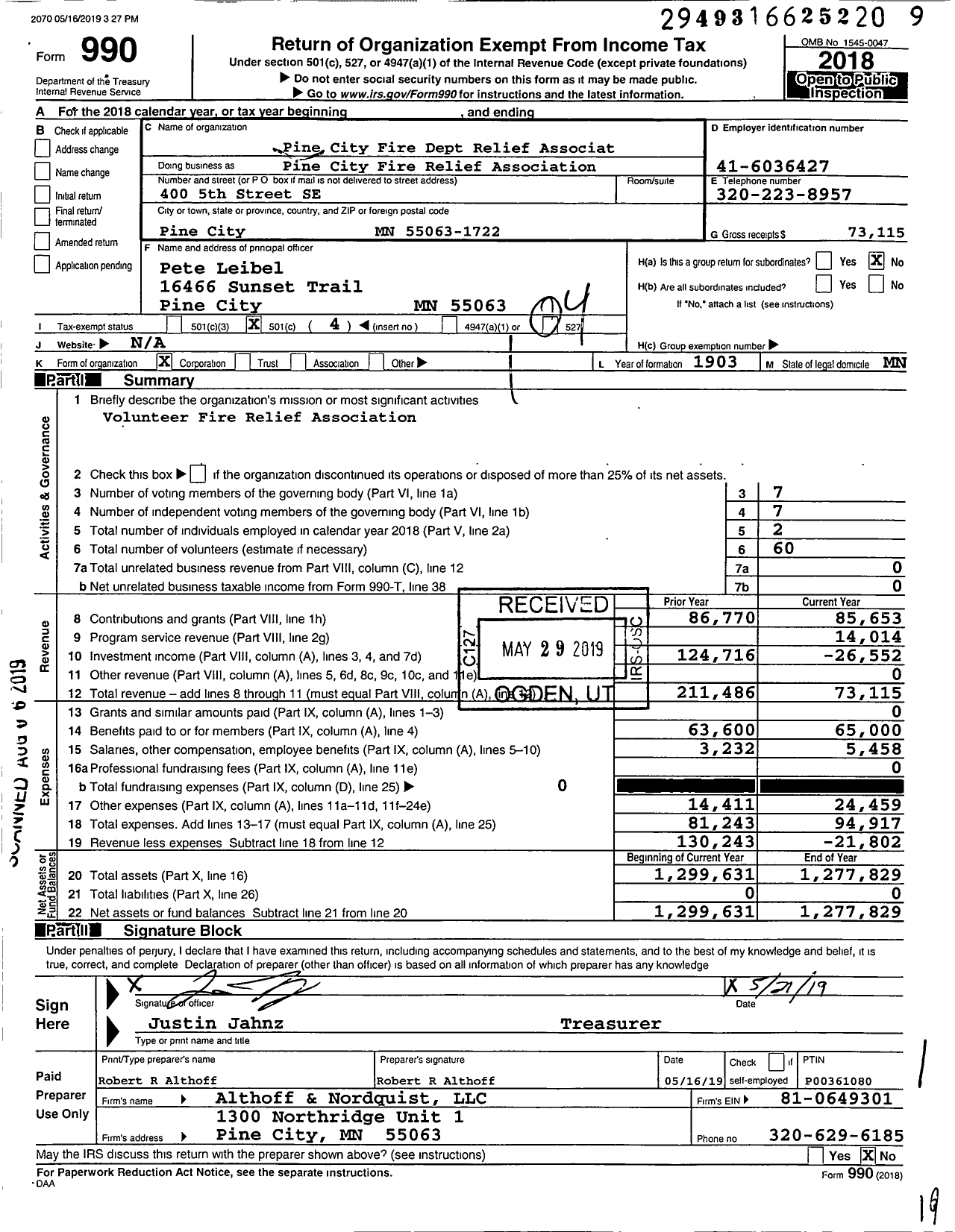 Image of first page of 2018 Form 990O for Pine City Fire Relief Association