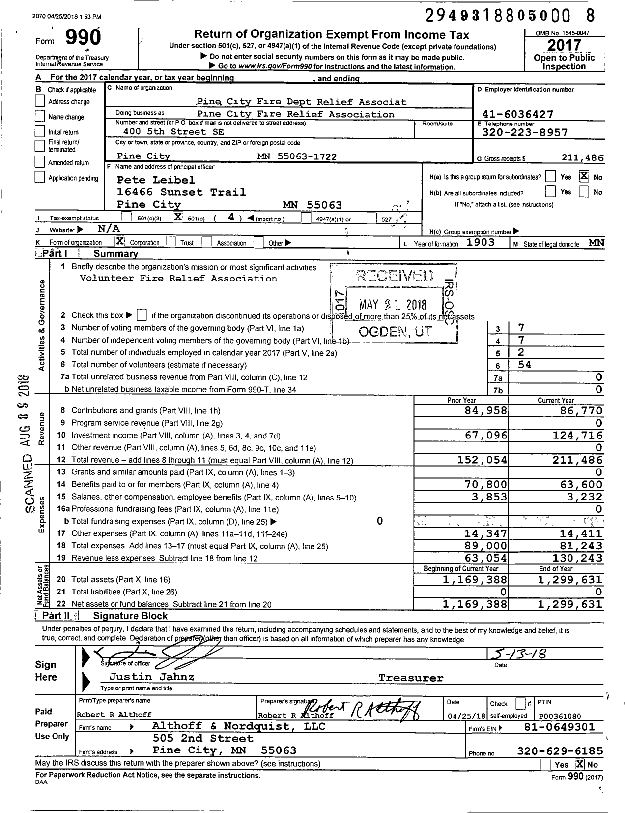 Image of first page of 2017 Form 990O for Pine City Fire Relief Association