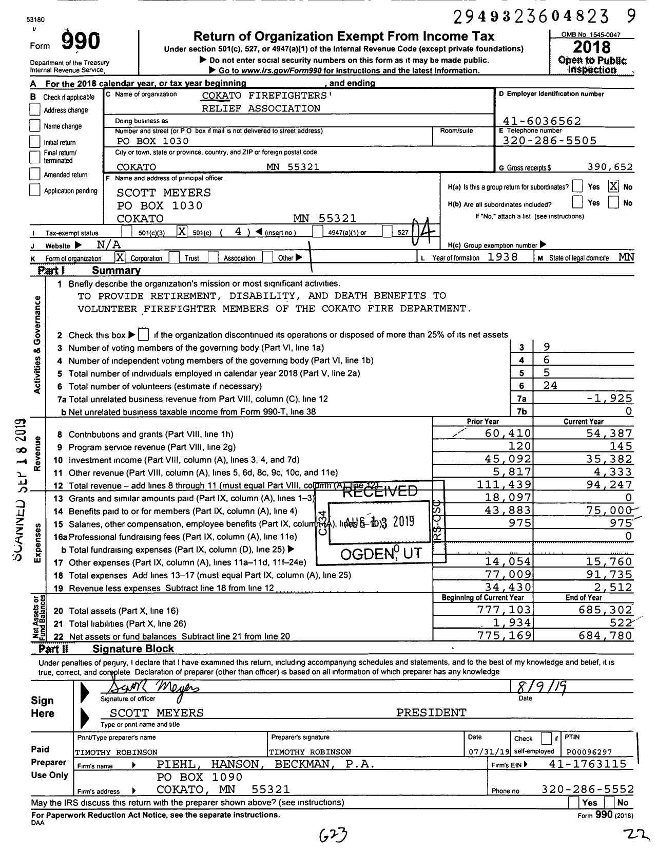 Image of first page of 2018 Form 990O for Cokato Firefighters Relief Association